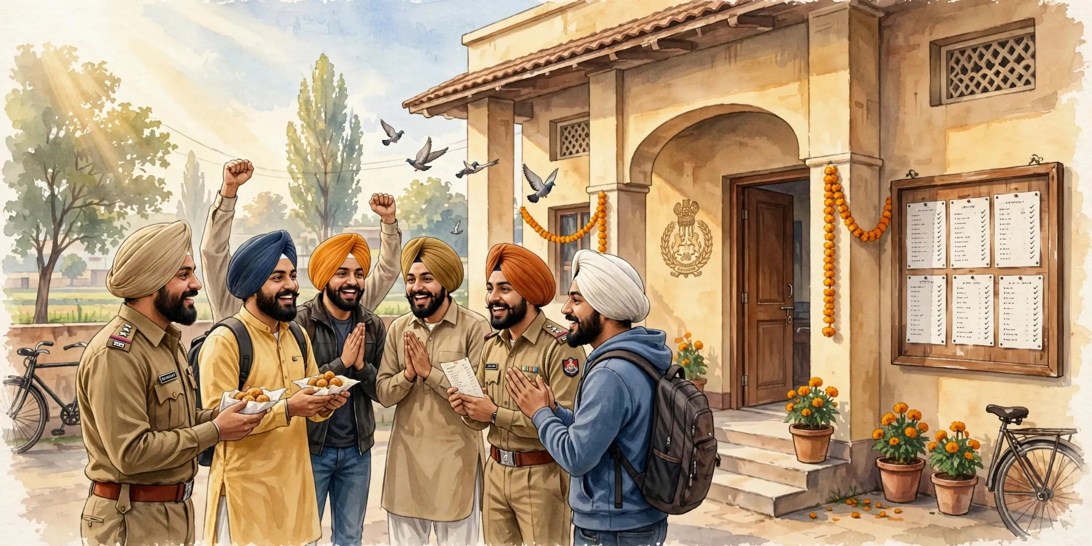 Illustration of Punjab Police constable aspirants celebrating the 2026 result outside a police office
