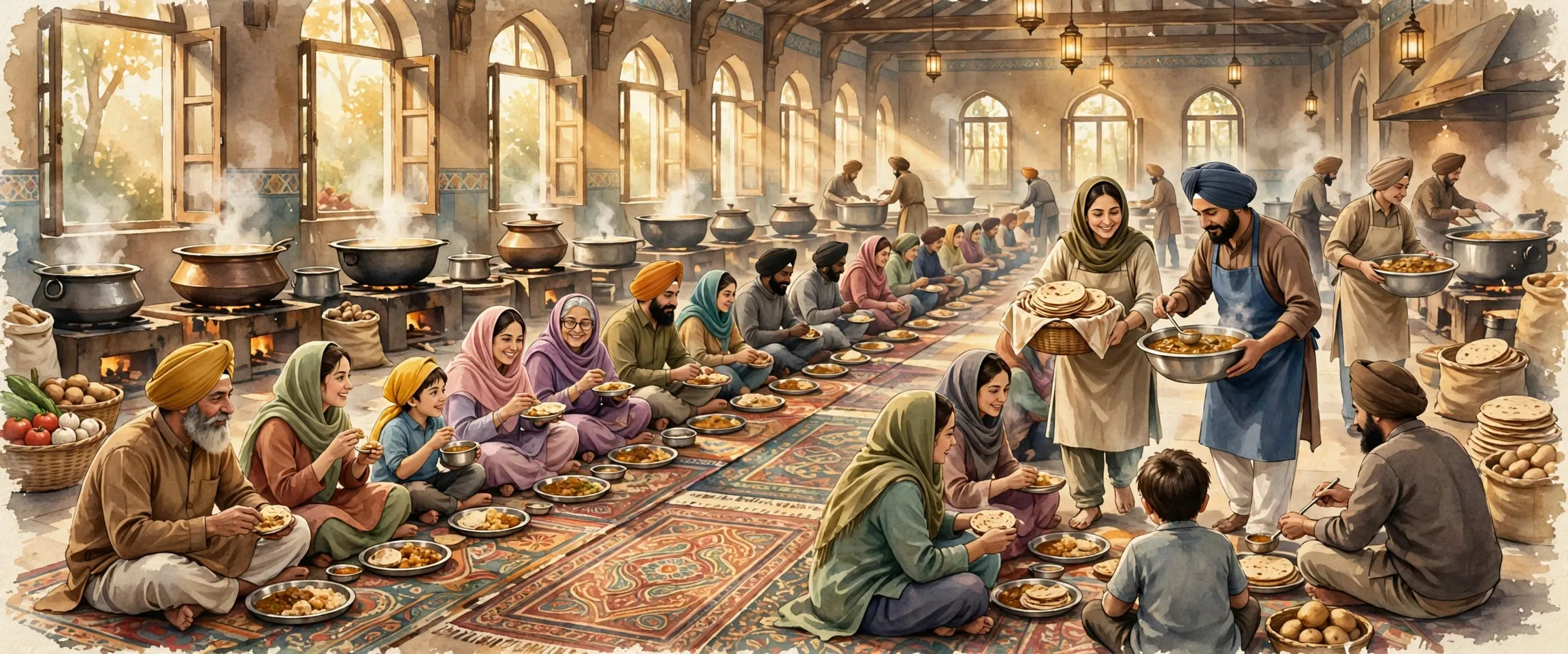 Illustration of a Sikh langar hall with the community seated together for the free meal