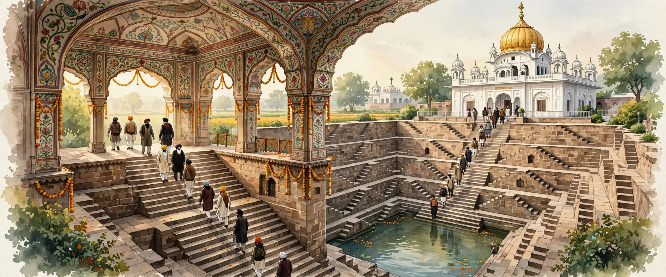 Illustration of the Baoli Sahib stepwell and gurdwara at Goindval, Punjab