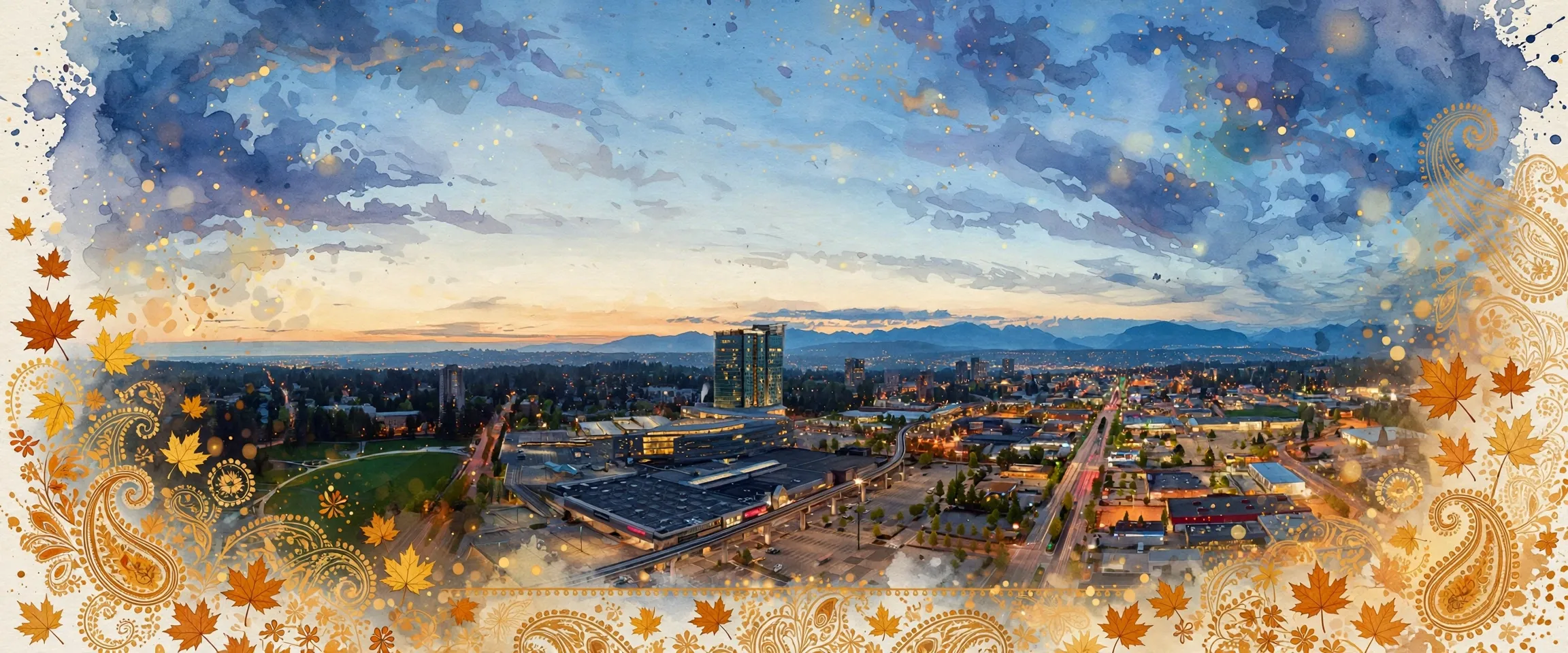 AI-generated editorial design for Jugti, incorporating original photograph of Surrey City Centre, public domain by the City of Surrey