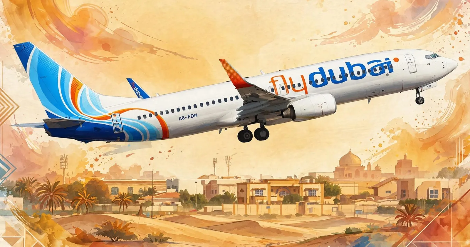 AI-generated editorial design for Jugti, incorporating original photograph of a flydubai aircraft by Mohammadreza Farhadi Aref (CC BY-SA 4.0)