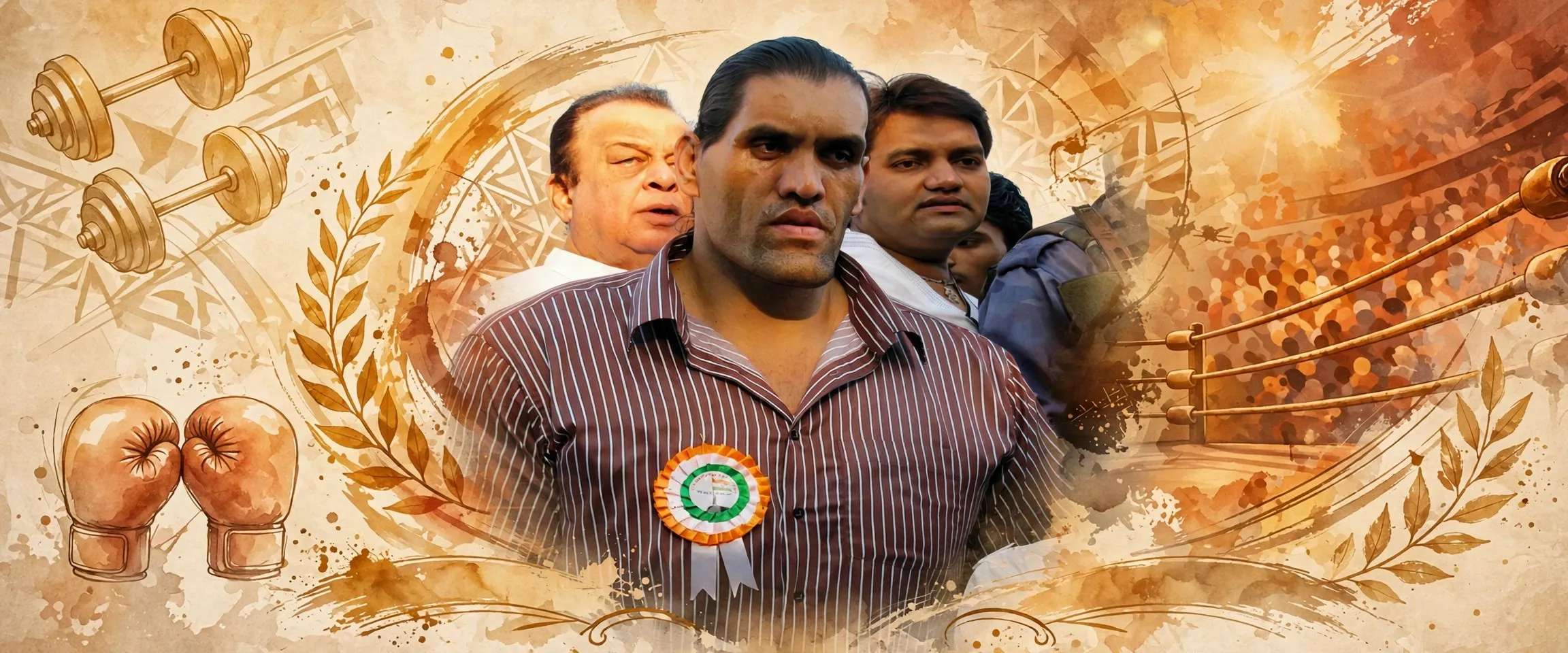AI-generated editorial design for Jugti, incorporating original photograph of The Great Khali by Vaikoovery (CC BY 3.0)