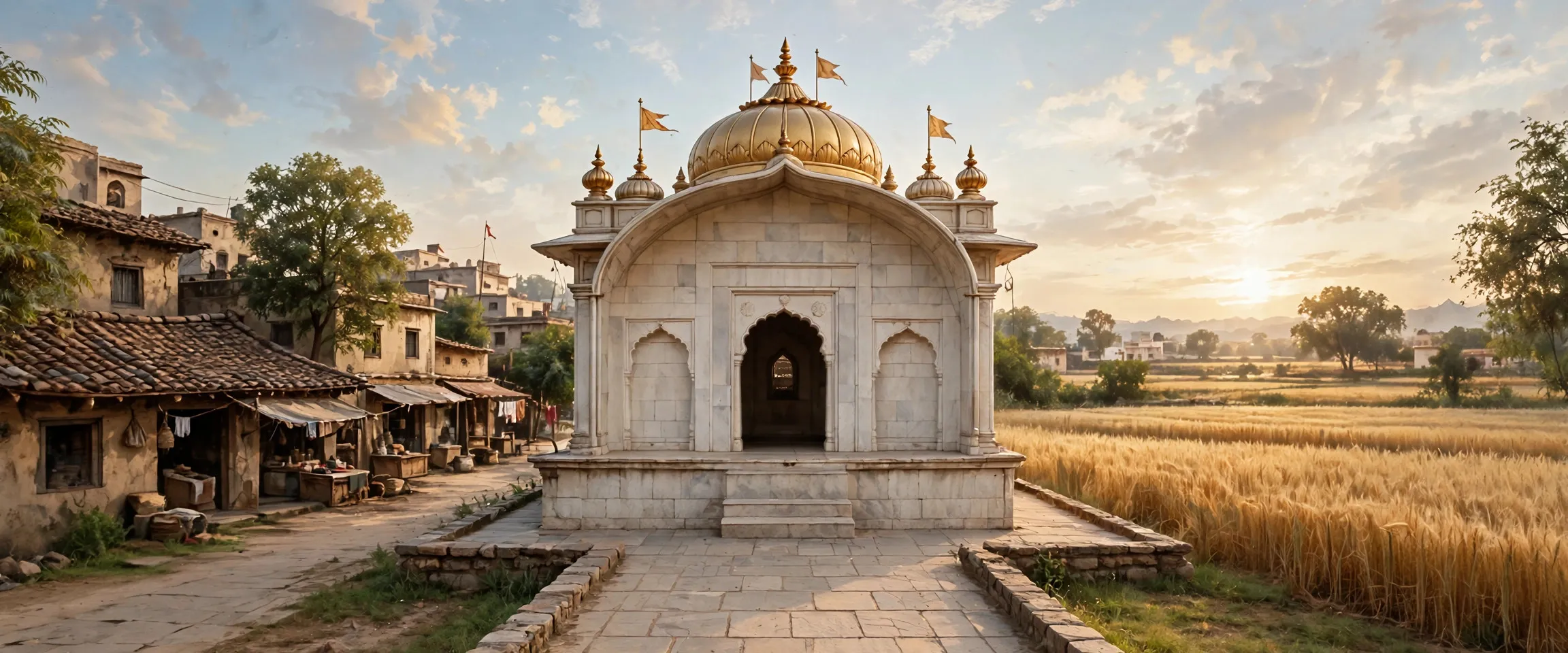 AI-generated editorial design for Jugti, incorporating original photograph of the Ramsar temple, Rahon by RAJIVVASUDEV (CC BY-SA 4.0)