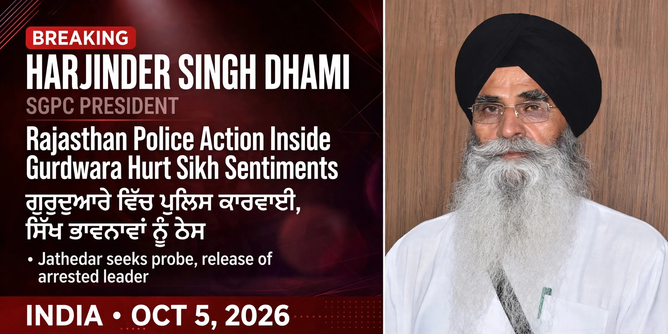 AI-generated editorial design for Jugti, incorporating original photograph of Harjinder Singh Dhami by KaramSGPC (CC BY-SA 4.0)