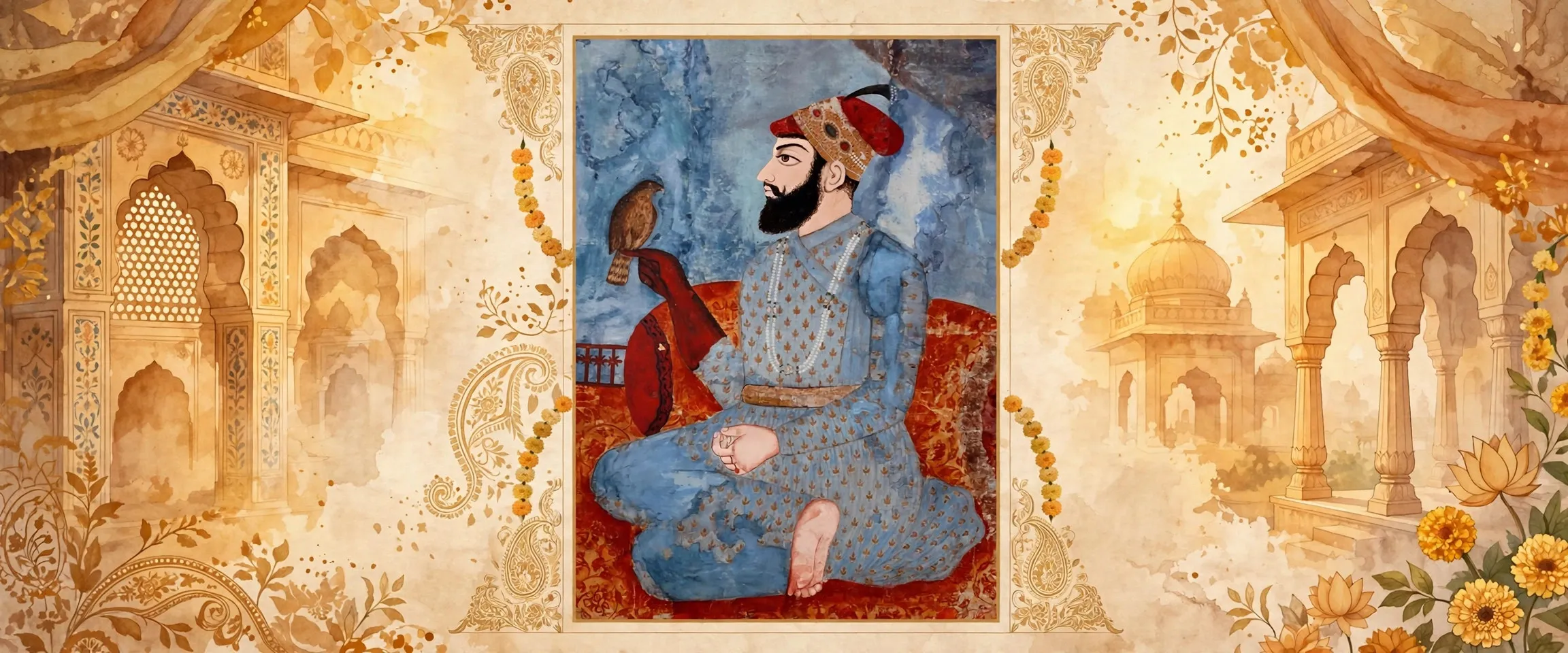 AI-generated editorial design for Jugti, incorporating original 17th-century painting of Guru Tegh Bahadur Ji by Ahsan (public domain)