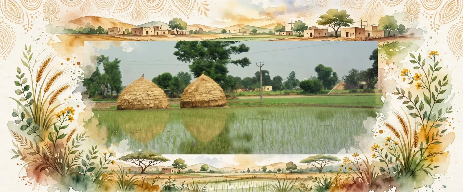AI-generated editorial design for Jugti, incorporating original photograph of farmland near Beas, Punjab by SUNIDHI CHOUDHARY (CC BY-SA 4.0)