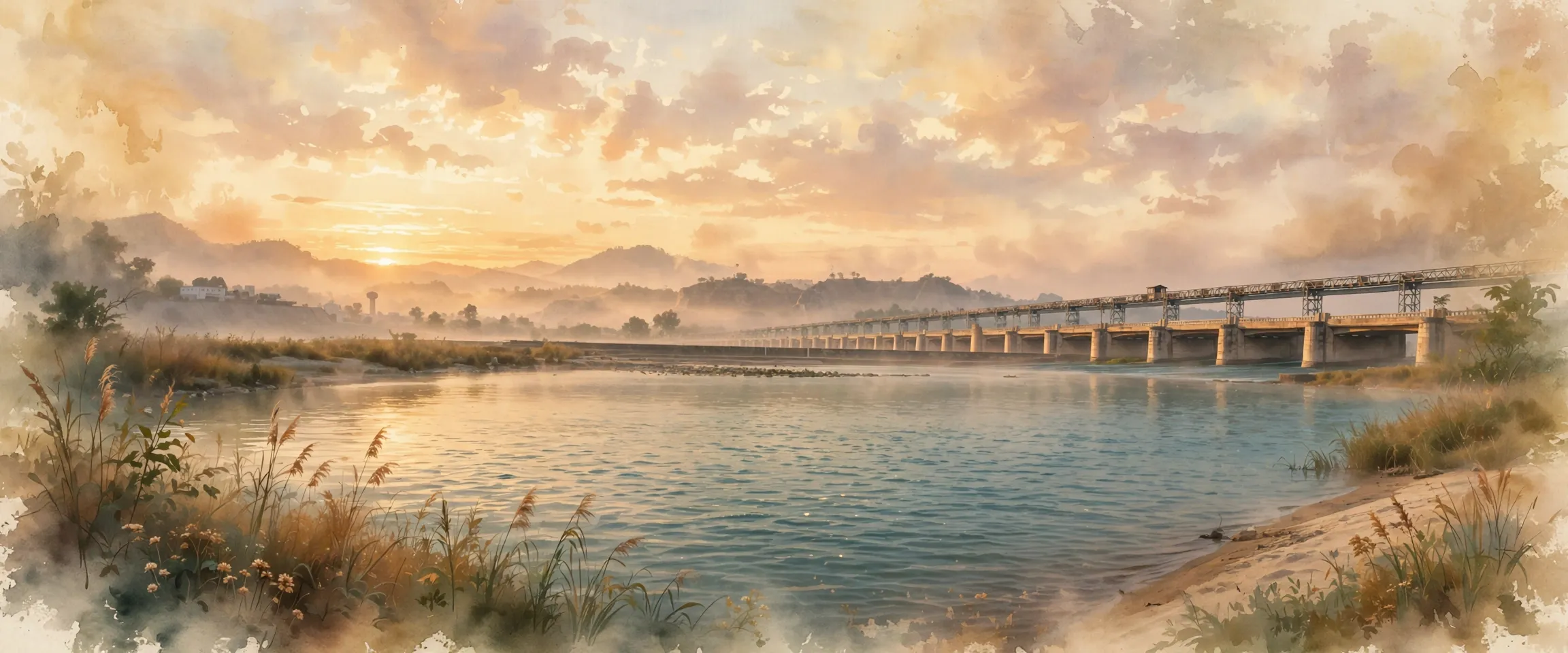 AI-generated editorial design for Jugti, incorporating original photograph of the Sutlej river at Ropar, Punjab by Harpreet Riat (CC BY 2.0)