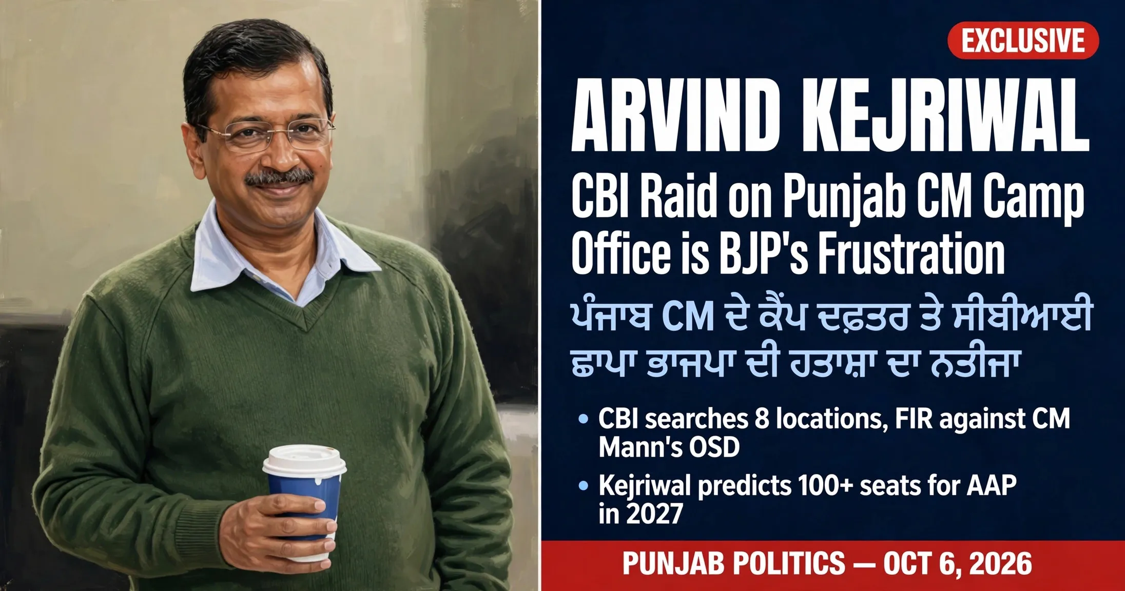 AI-generated editorial design for Jugti, incorporating original photograph of Arvind Kejriwal by Hbdoctor (CC0)