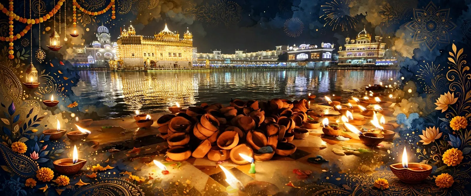 AI-generated editorial design for Jugti, incorporating original photograph of Bandi Chhor Divas deepmala at the Harmandir Sahib by Aayush sharma 923 (CC BY-SA 4.0)