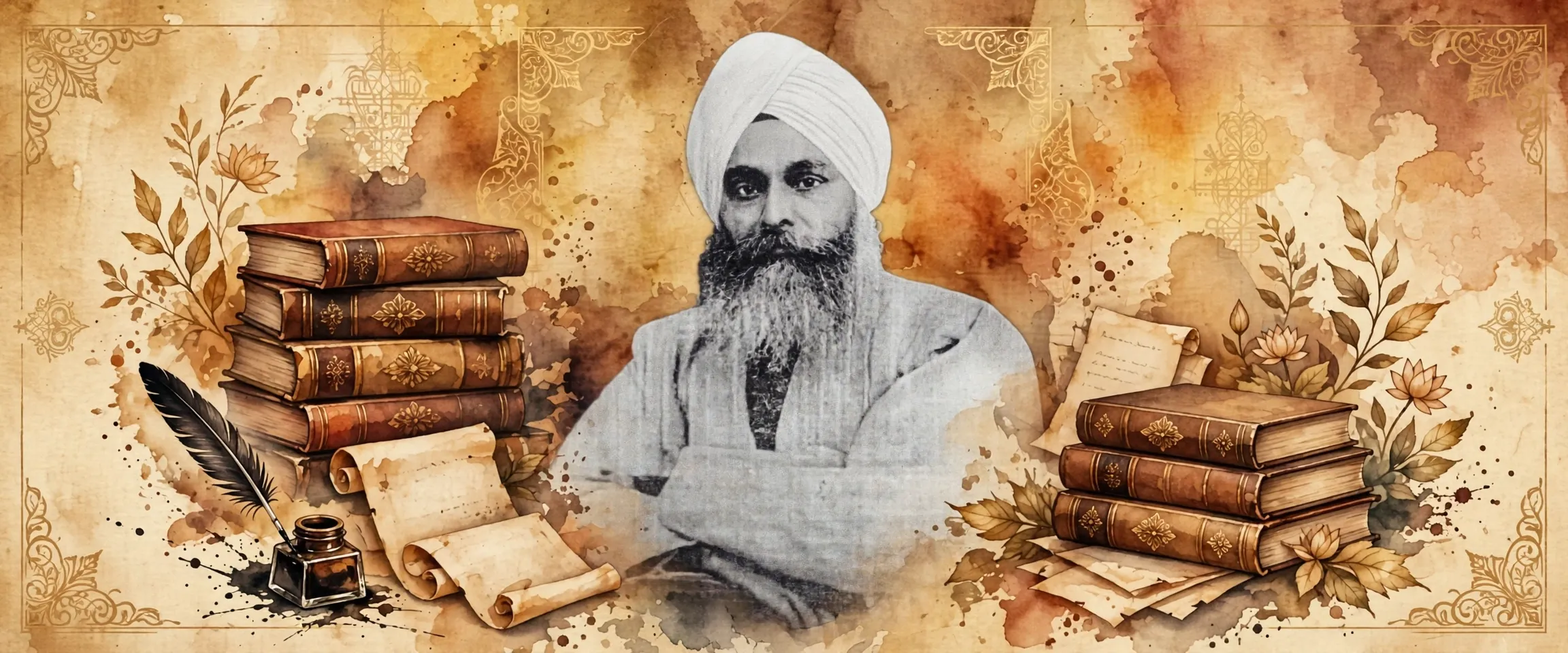 AI-generated editorial design for Jugti, incorporating original photograph of Bhai Kahn Singh Nabha by unknown photographer (public domain)