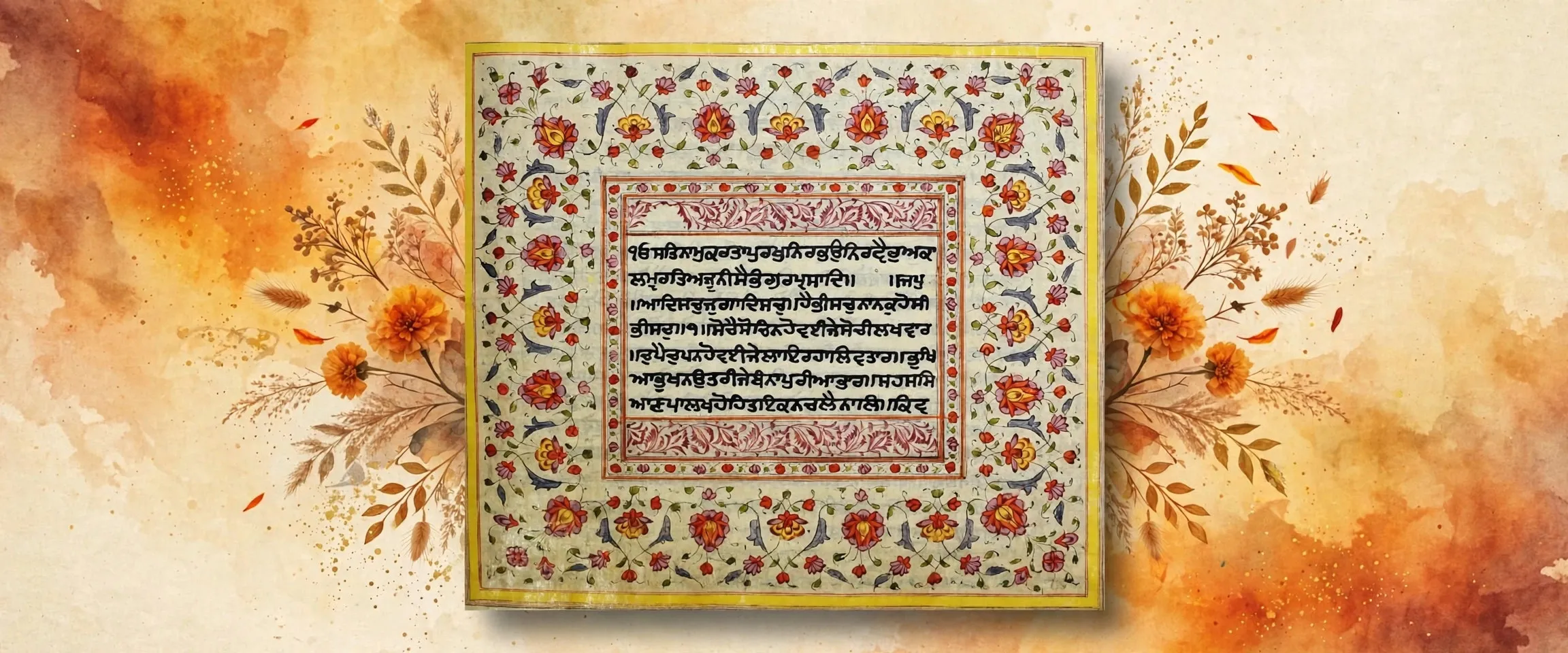 AI-generated editorial design for Jugti, incorporating original photograph of a historic illuminated Japji Sahib manuscript folio (public domain, photographer unknown)