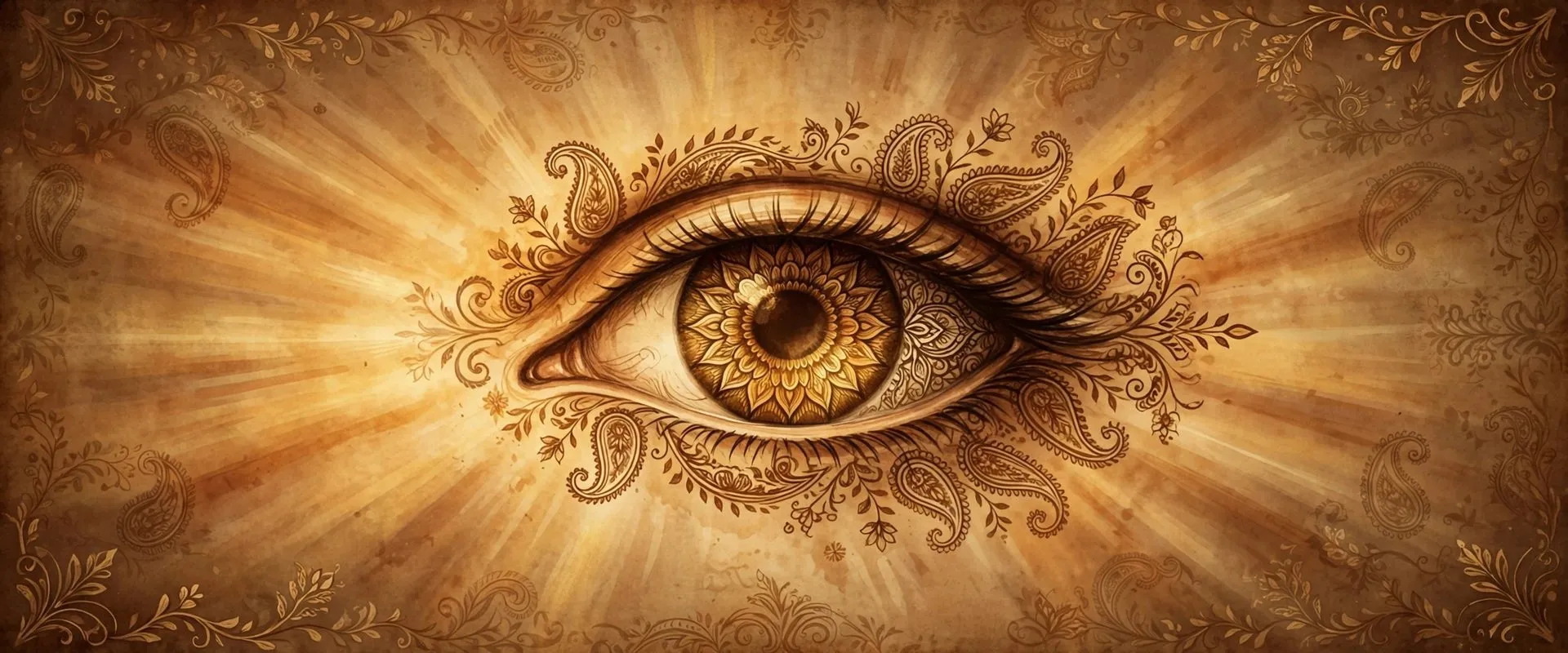 Warm painterly editorial illustration of a stylized eye with golden light and Punjabi paisley motifs, made for the Jugti Kosh entry on akkh