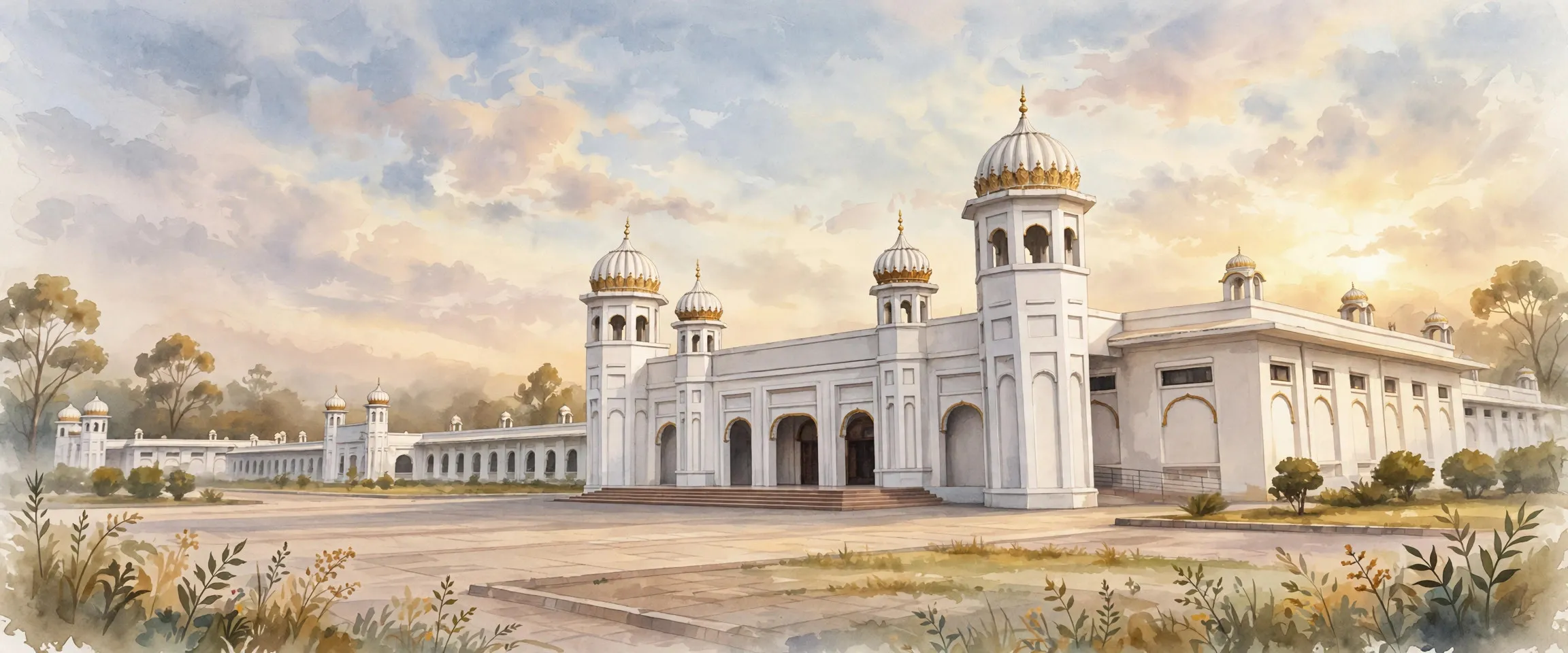 AI-generated editorial design for Jugti, incorporating original photograph of Gurdwara Darbar Sahib Kartarpur by Harvinder Chandigarh (CC BY 4.0)