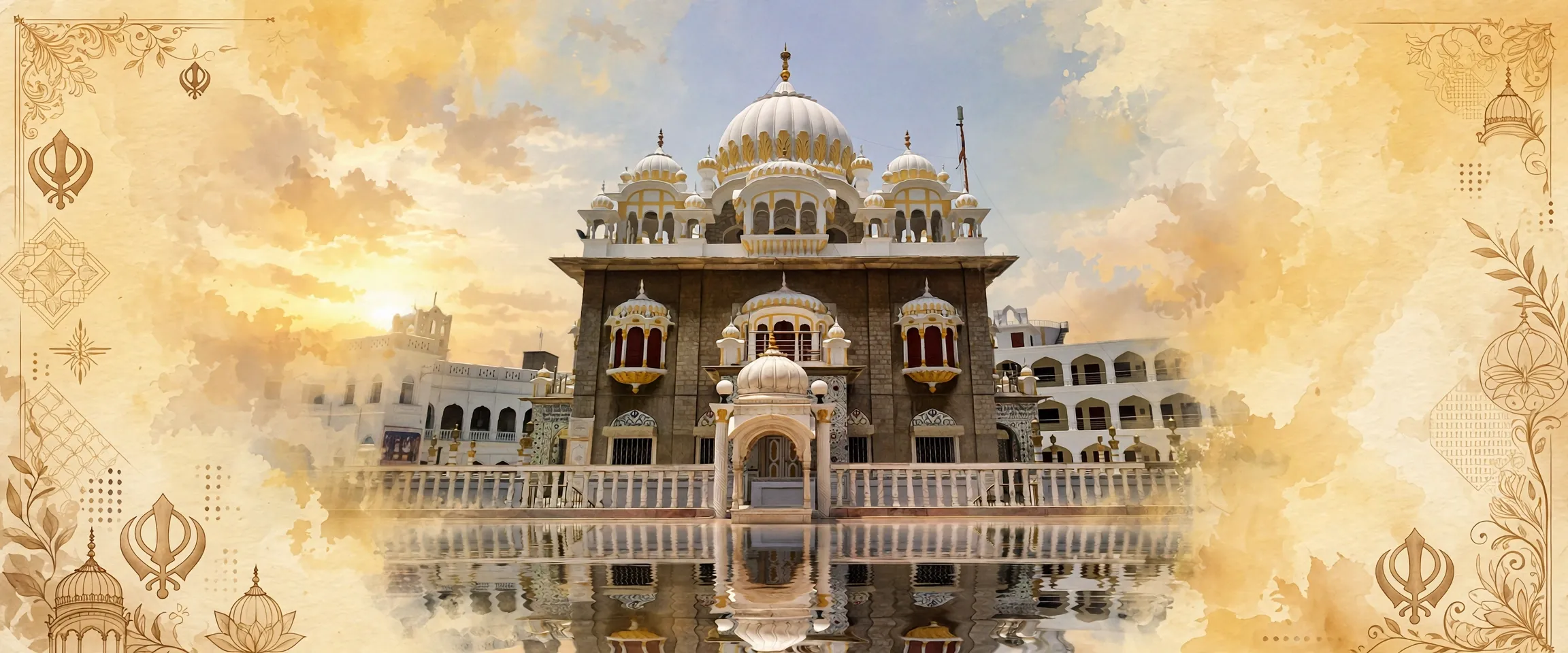 AI-generated editorial design for Jugti, incorporating original photograph of Gurdwara Panja Sahib by Muhammad Imran Saeed (CC BY 2.0)