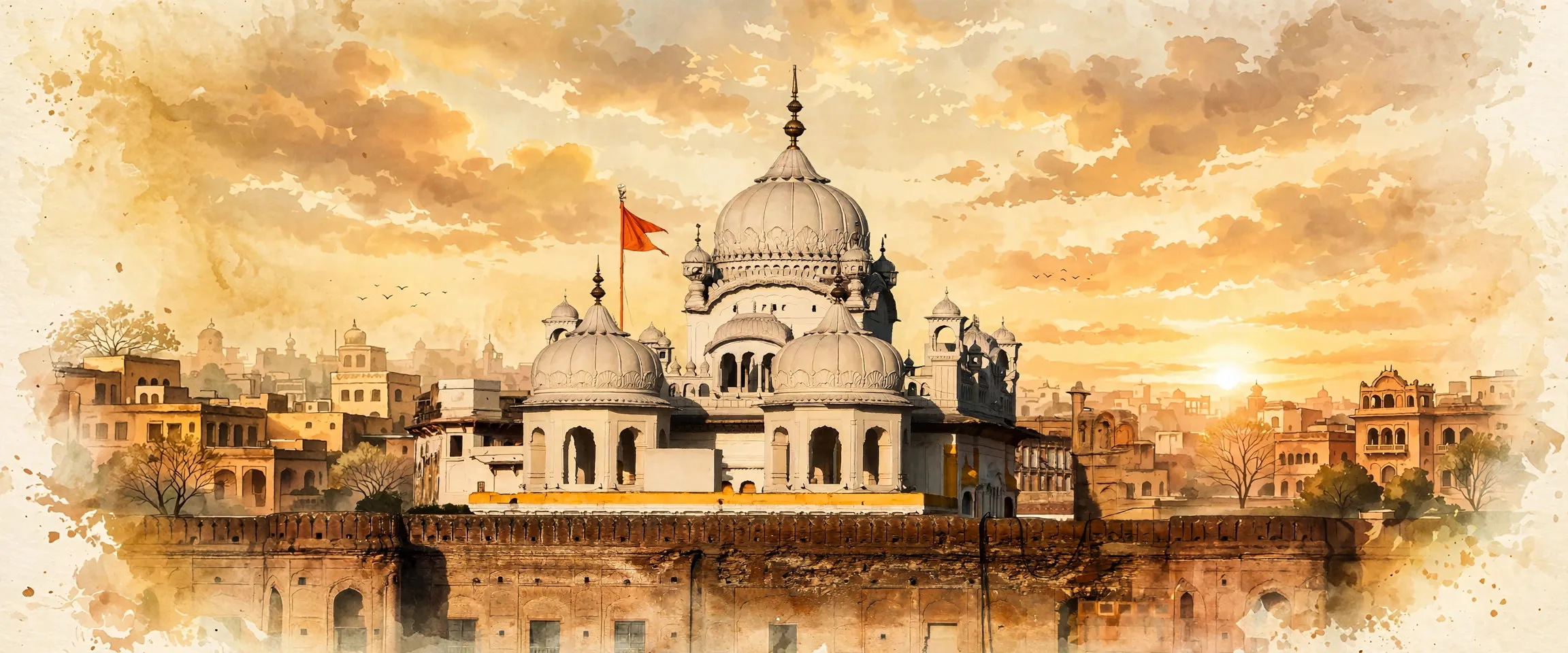 AI-generated editorial design for Jugti, incorporating original photograph of Gurdwara Dera Sahib Lahore by Rao Umair Khan (CC BY-SA 4.0)