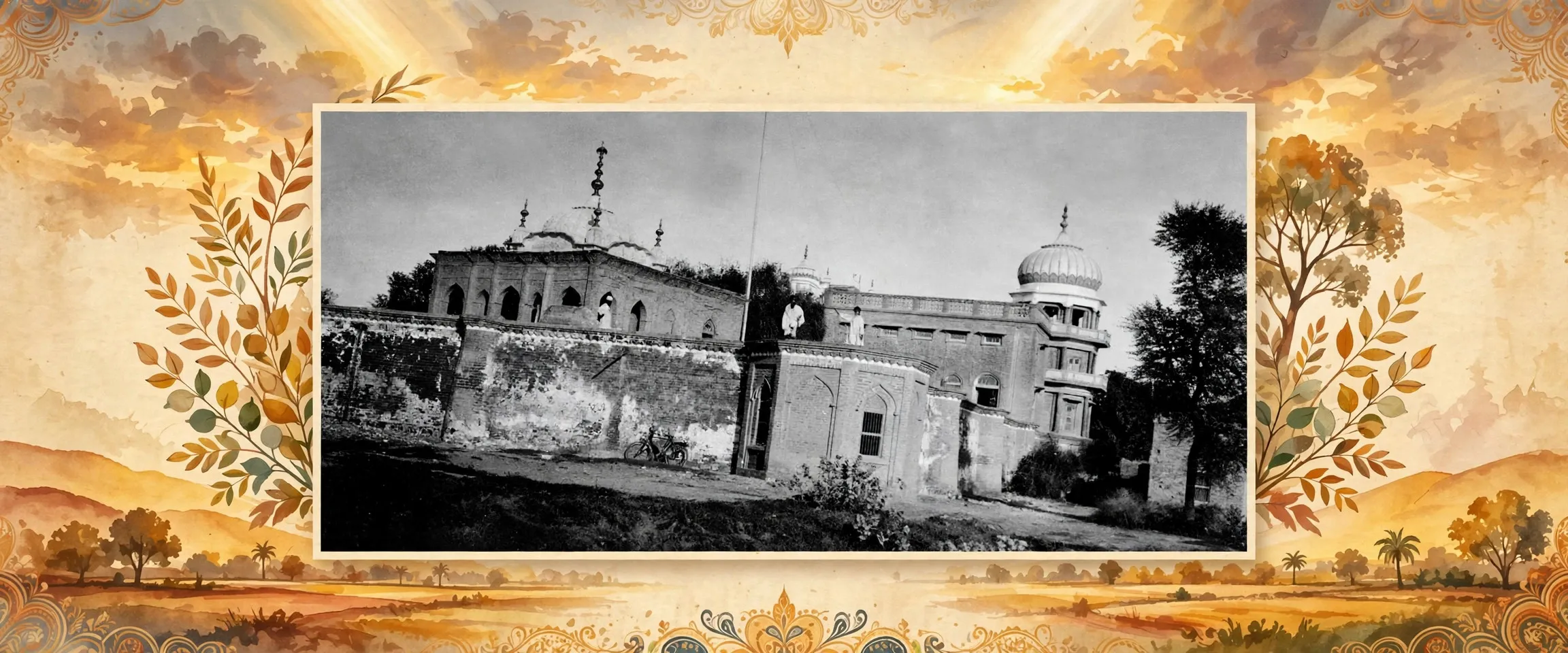 AI-generated editorial design for Jugti, incorporating original photograph of Gurdwara Sacha Sauda by Dhanna Singh Chahal 'Patialvi' (public domain)