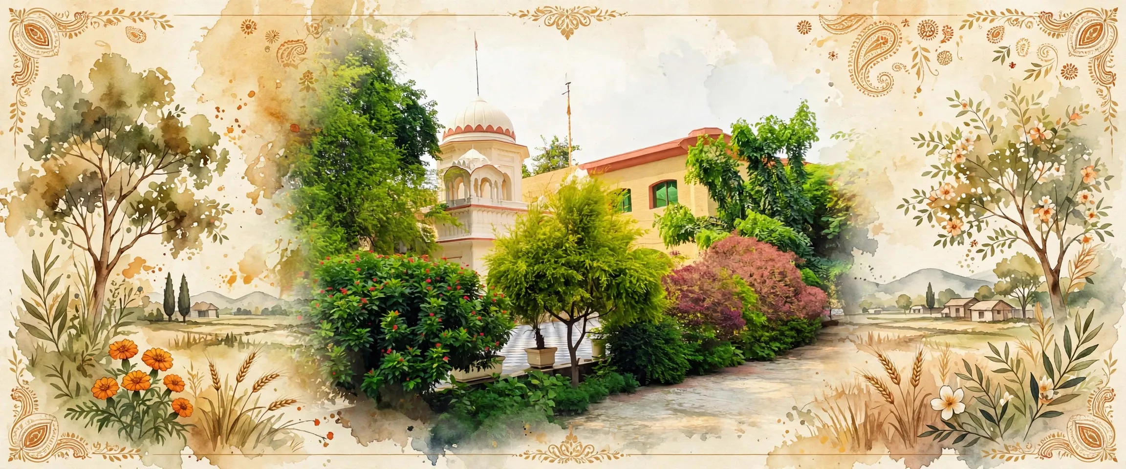 AI-generated editorial design for Jugti, incorporating original photograph of Gurdwara Beri Sahib Sialkot by Babar Jalandhari Lahore (CC BY-SA 4.0)