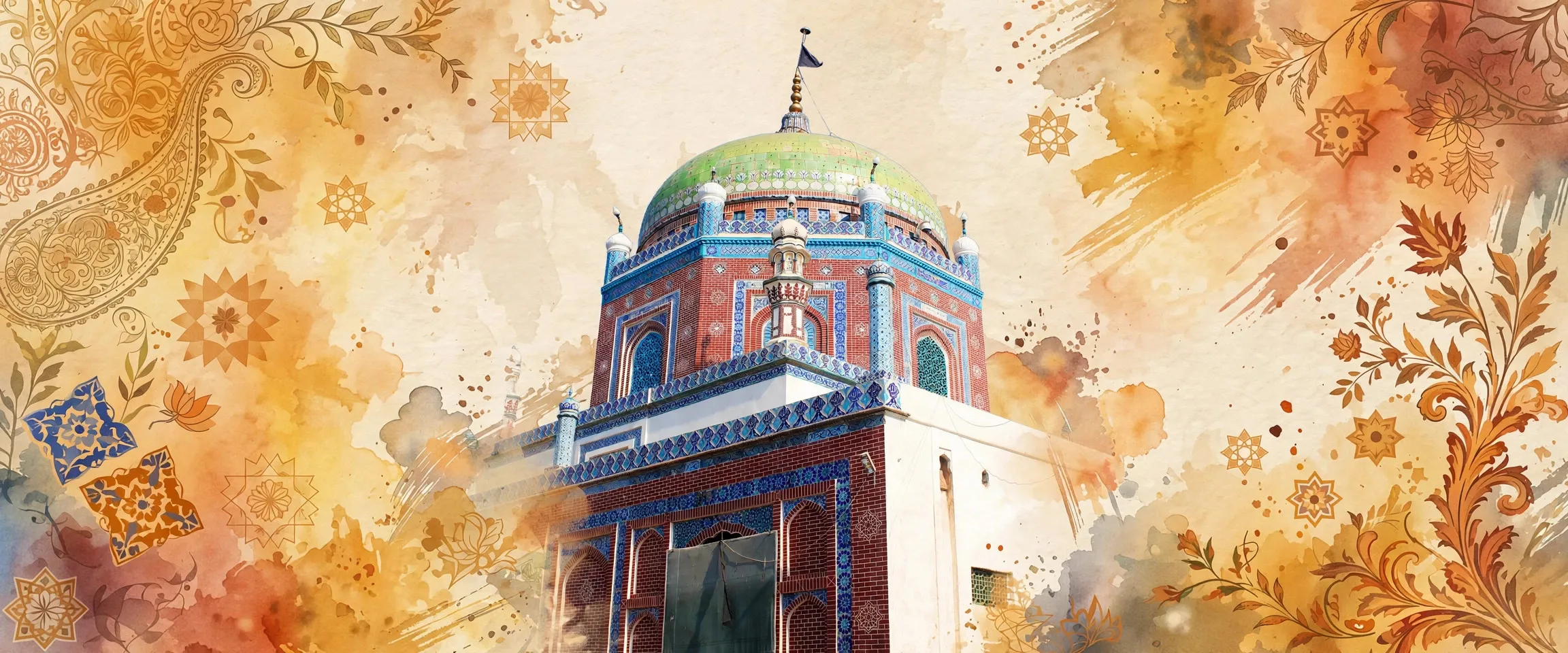 AI-generated editorial design for Jugti, incorporating original photograph of the Shah Shams Sabzwari shrine, Multan (site of Gurdwara Thara Sahib) by Sehar Khurshid (CC BY-SA 4.0)