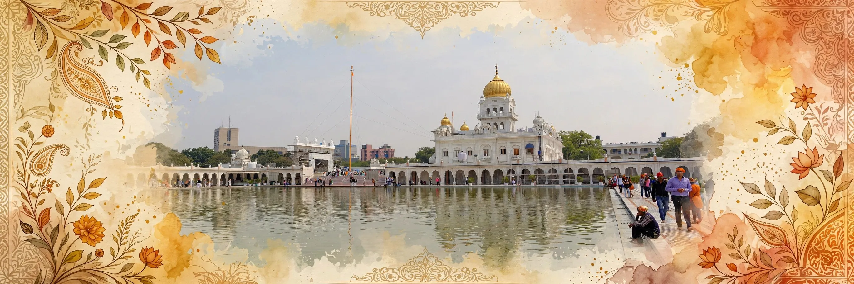 AI-generated editorial design for Jugti, incorporating original photograph of Gurudwara Bangla Sahib, New Delhi by Slyronit (CC BY-SA 4.0)