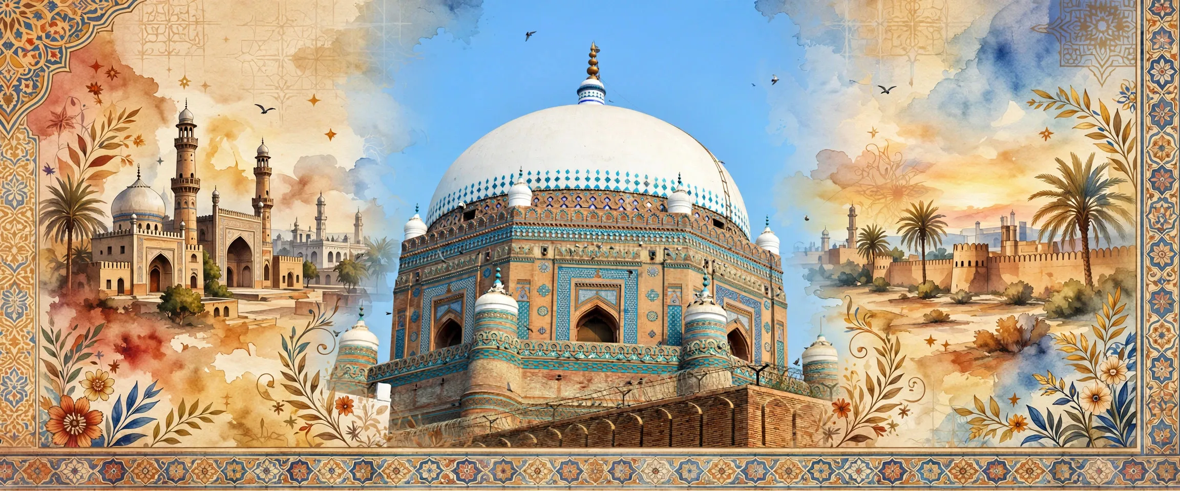 AI-generated editorial design for Jugti, incorporating original photograph of the Tomb of Shah Rukn-e-Alam, Multan, by Junaidahmadj (CC BY-SA 3.0)