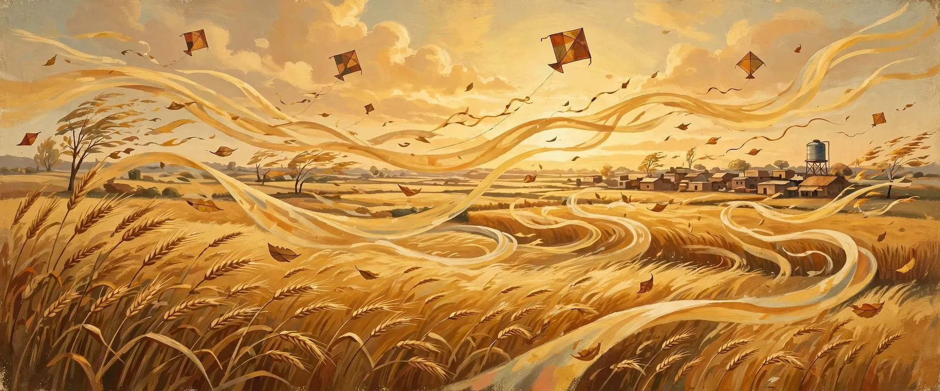 Warm painterly illustration of wind currents and kites over golden wheat fields in a Punjab village