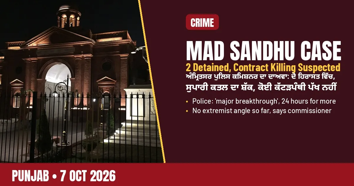 Breaking-news poster: Two detained in Mad Sandhu murder, Amritsar police suspect contract killing