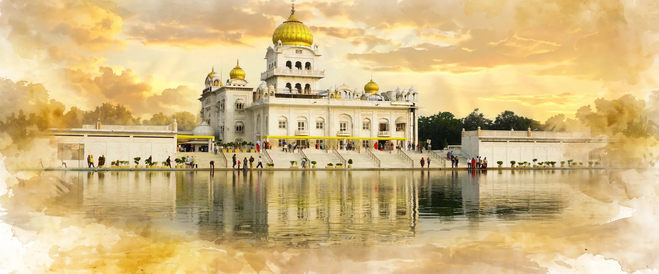 AI-generated editorial design for Jugti, incorporating original photograph of Gurdwara Bangla Sahib by Dogagnon (CC BY-SA 4.0)