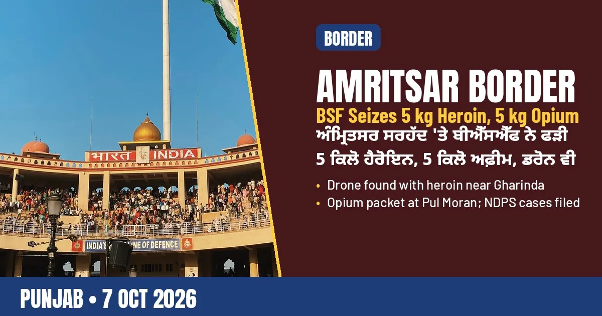 Breaking-news poster: BSF seizes 5 kg heroin, 5 kg opium and a drone along Amritsar border