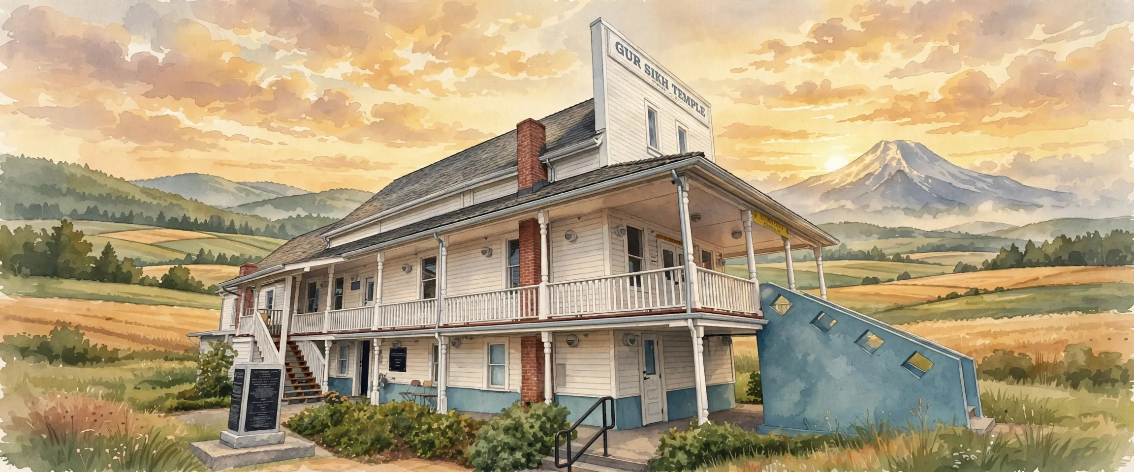 AI-generated editorial design for Jugti, incorporating original photograph of the Gur Sikh Temple, Abbotsford, British Columbia by jacobsimmonds (CC BY-SA 3.0)