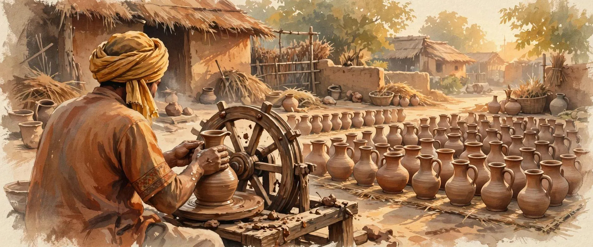 Painterly editorial illustration of a Punjabi kumhar (potter) at the potter’s wheel with clay pots drying in rows