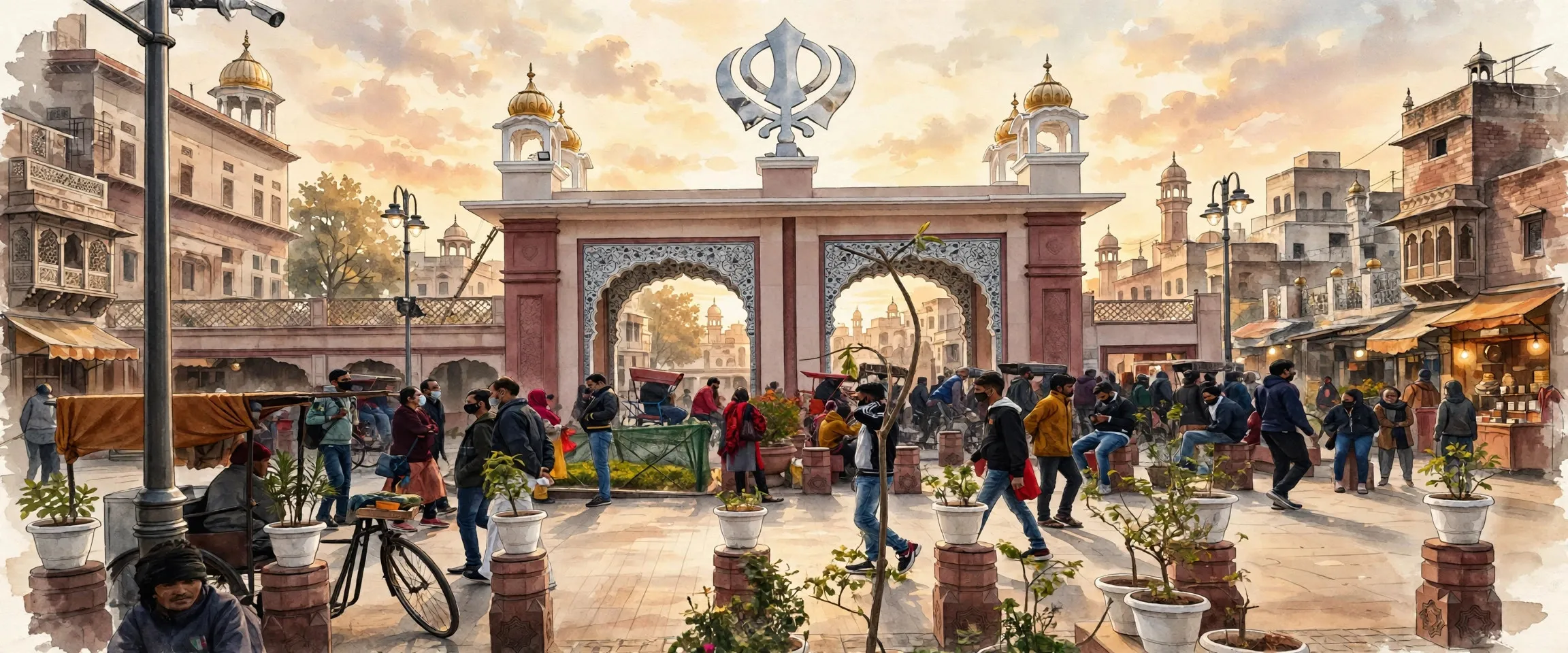 AI-generated editorial design for Jugti, incorporating original photograph of Gurdwara Sis Ganj Sahib by Ravi Dwivedi (CC BY-SA 4.0)