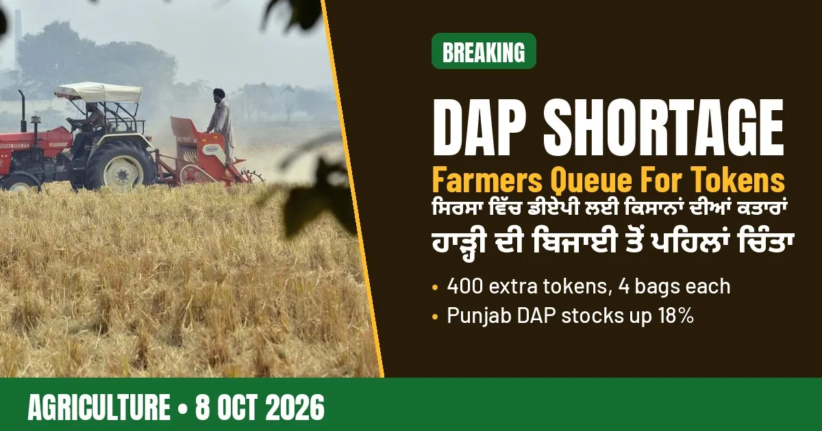 Breaking-news poster: Sirsa farmers queue for DAP tokens as rabi sowing starts