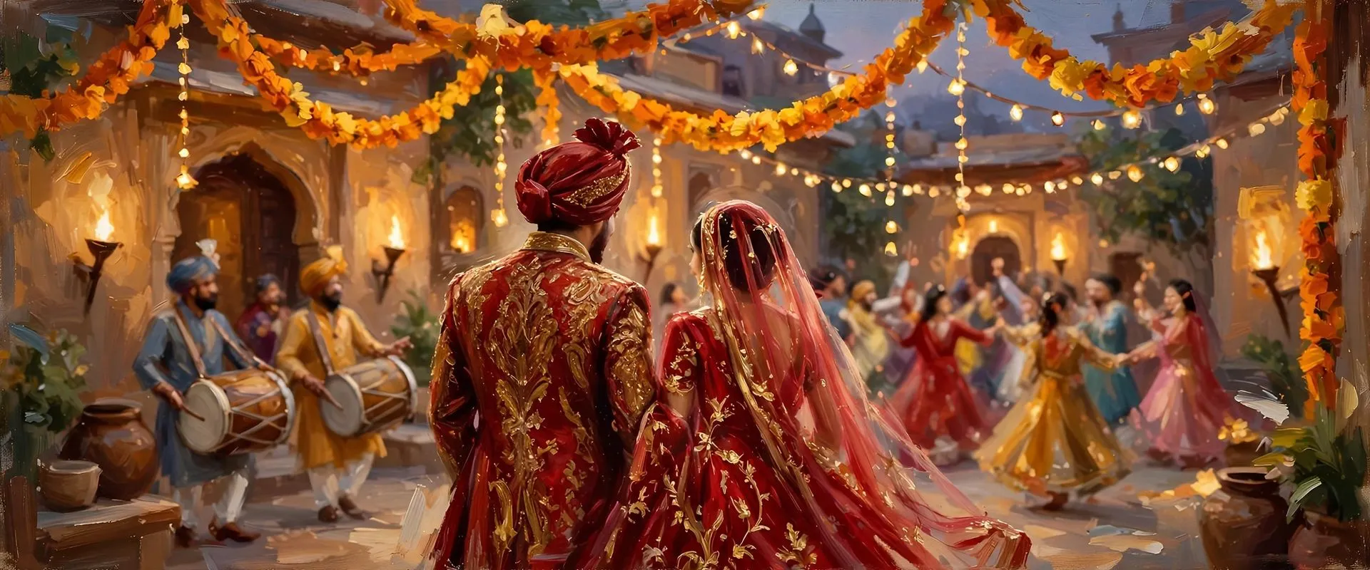 Painterly editorial illustration of a Punjabi wedding couple in red and gold walking under strings of marigold garlands at a torch-lit courtyard celebration