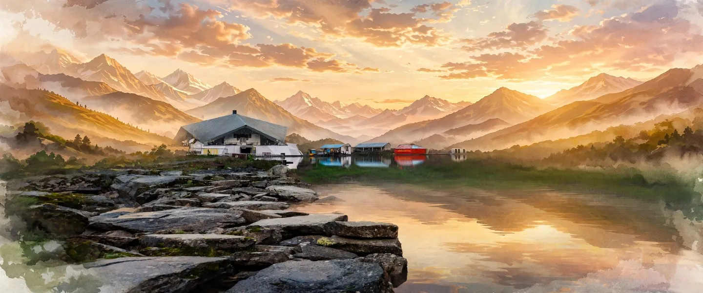AI-generated editorial design for Jugti, incorporating original photograph of Gurdwara Hemkund Sahib by Harshit Rautela (CC BY-SA 4.0)