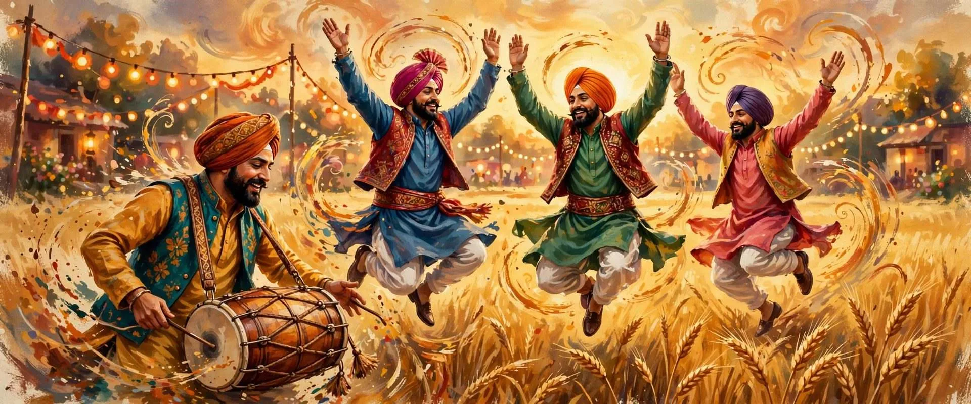 Painterly illustration of turbaned bhangra dancers mid-leap with raised arms and a dhol drummer in a glowing wheat field