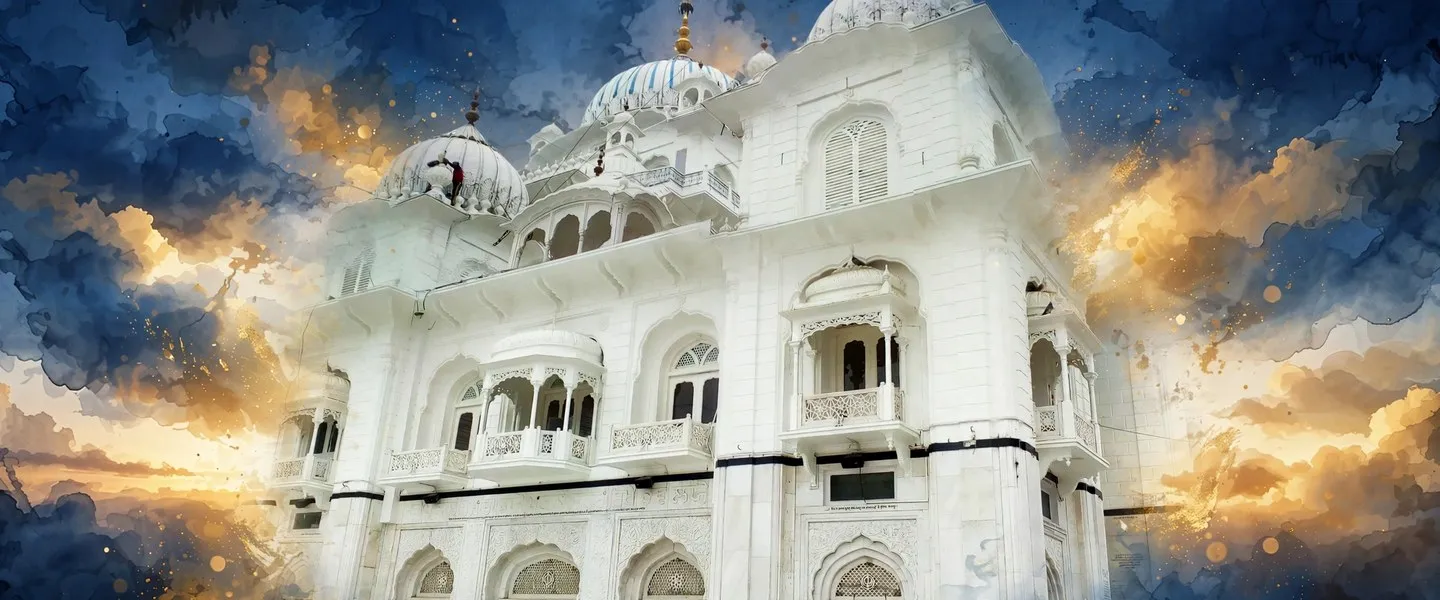 AI-generated editorial design for Jugti, incorporating original photograph of Takht Sri Patna Sahib by Shivamsetu (CC BY-SA 4.0)