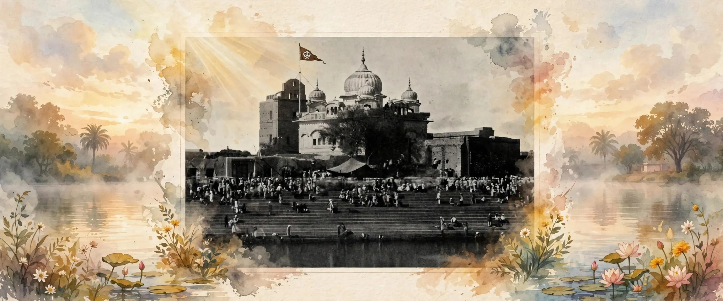 AI-generated editorial design for Jugti, incorporating original photograph of Muktsar from Max Arthur Macauliffe's The Sikh Religion (1909) (public domain)