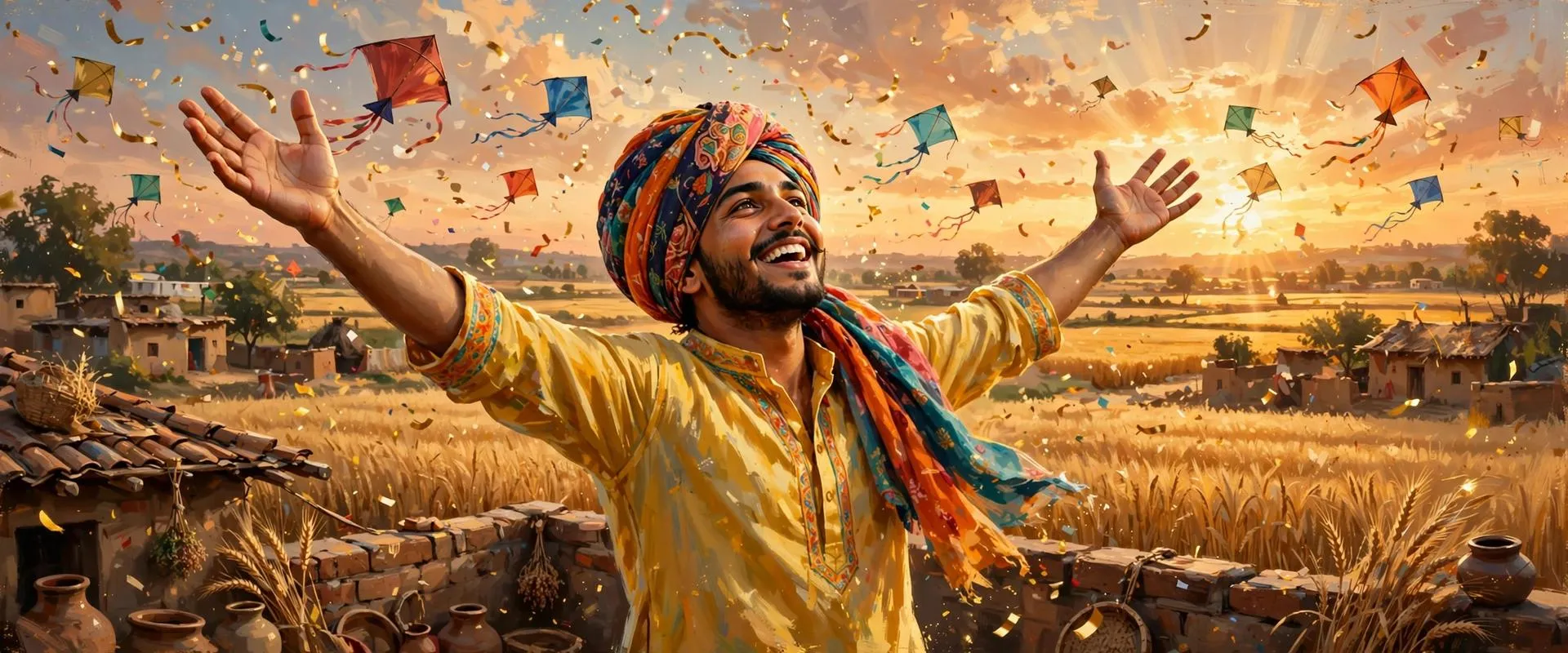 AI-generated editorial illustration for Jugti: a joyful young Punjabi man in a colorful turban raising his arms under a golden sky full of kites and confetti, evoking the slang word ghaint (awesome)