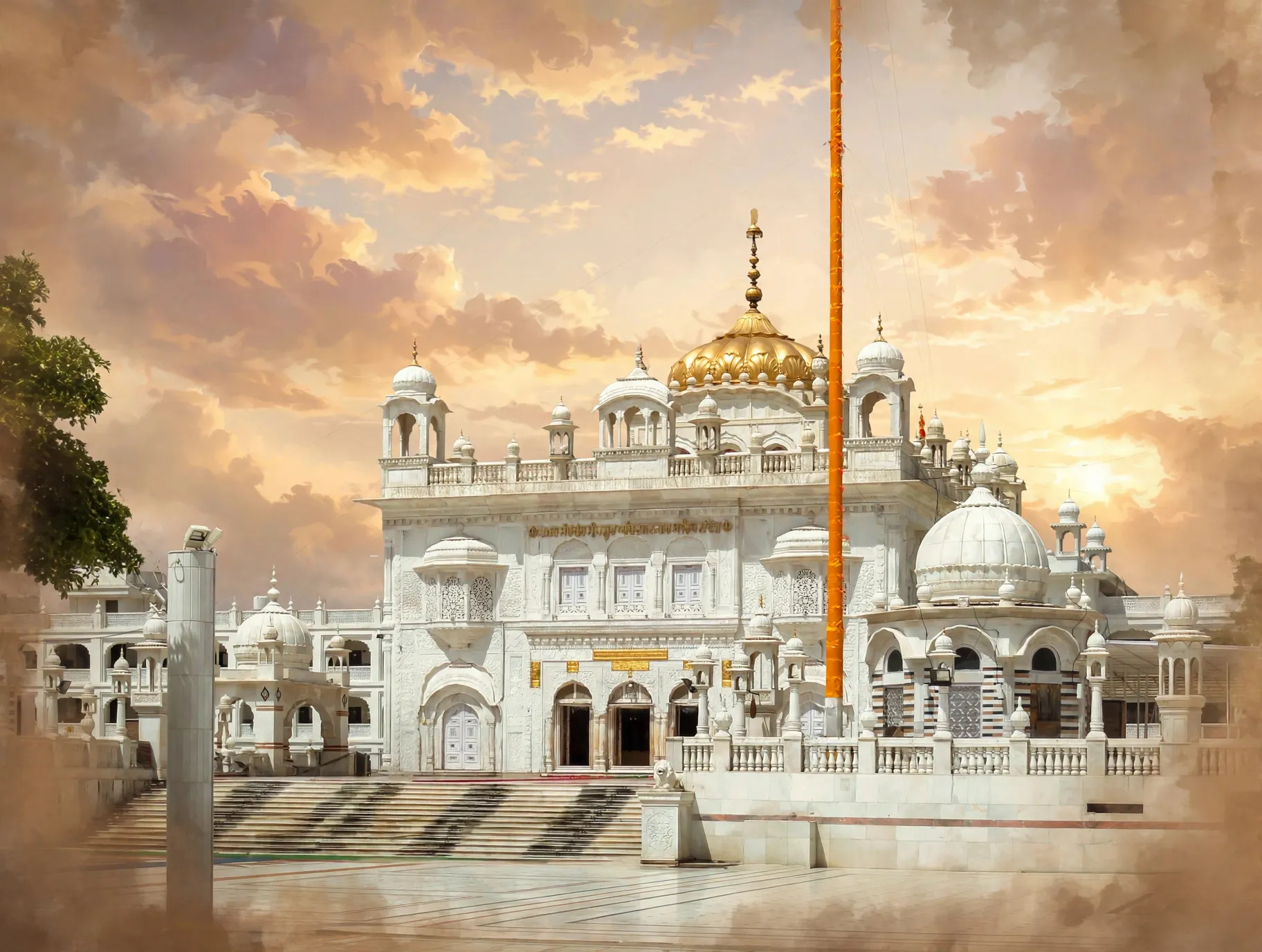 AI-generated editorial design for Jugti, incorporating original photograph of Takht Sri Hazur Sahib, Nanded by Jaspal singh (CC BY-SA 3.0)