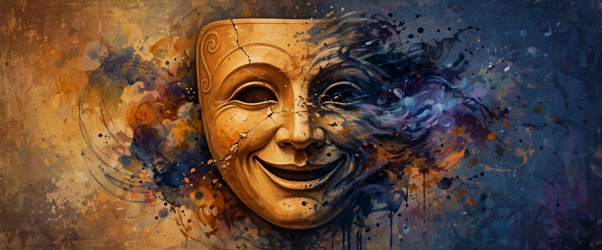 Warm painterly illustration of a cracked theatrical mask dissolving into brushstrokes, evoking the Punjabi word jhooth (a lie)