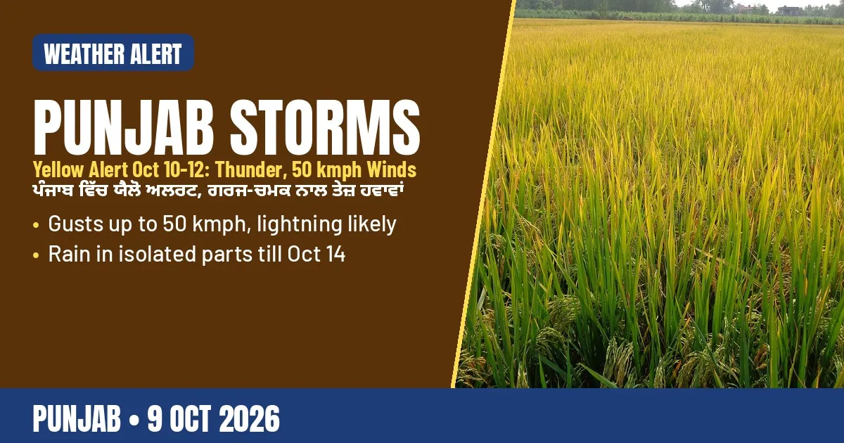 Breaking-news poster: Yellow alert for Punjab, Chandigarh with thunderstorms and 50 kmph winds
