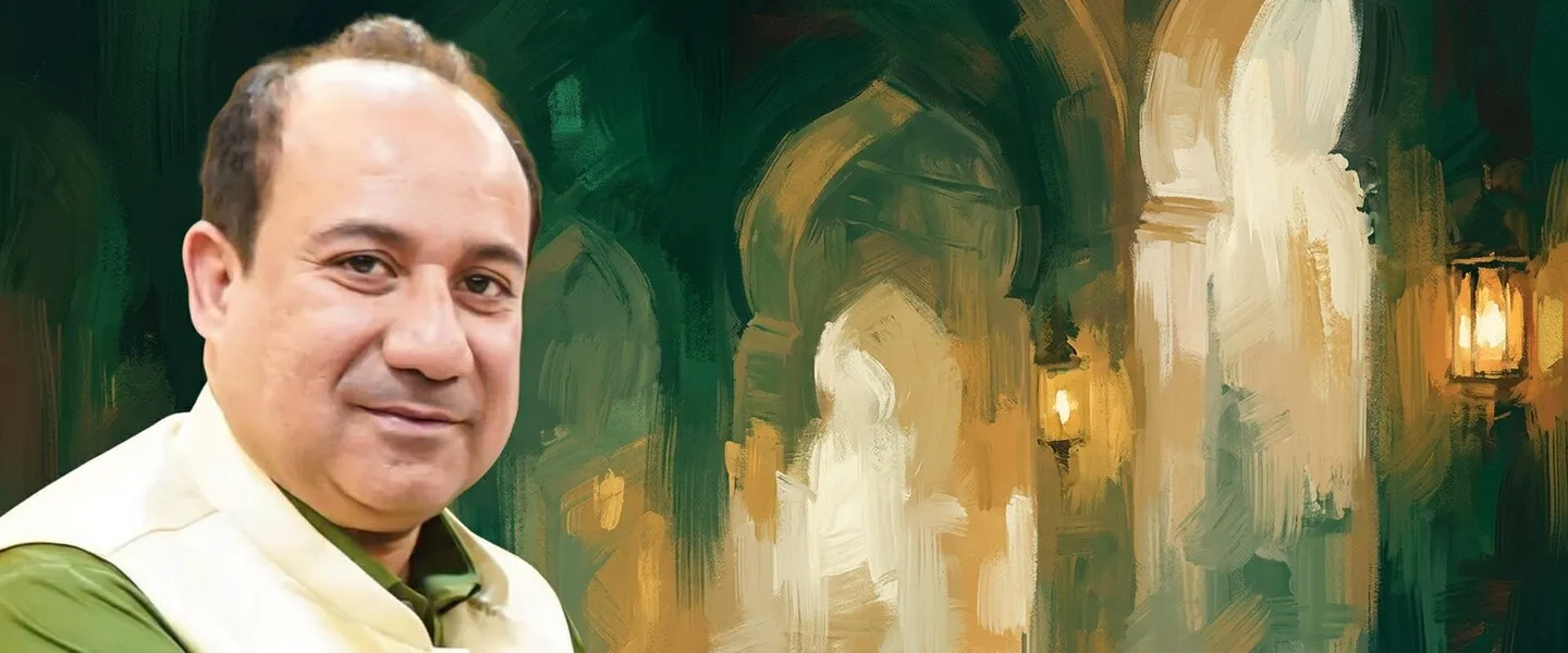AI-generated editorial design for Jugti, incorporating original photograph of Rahat Fateh Ali Khan by Press Information Department, Bangladesh (public domain)