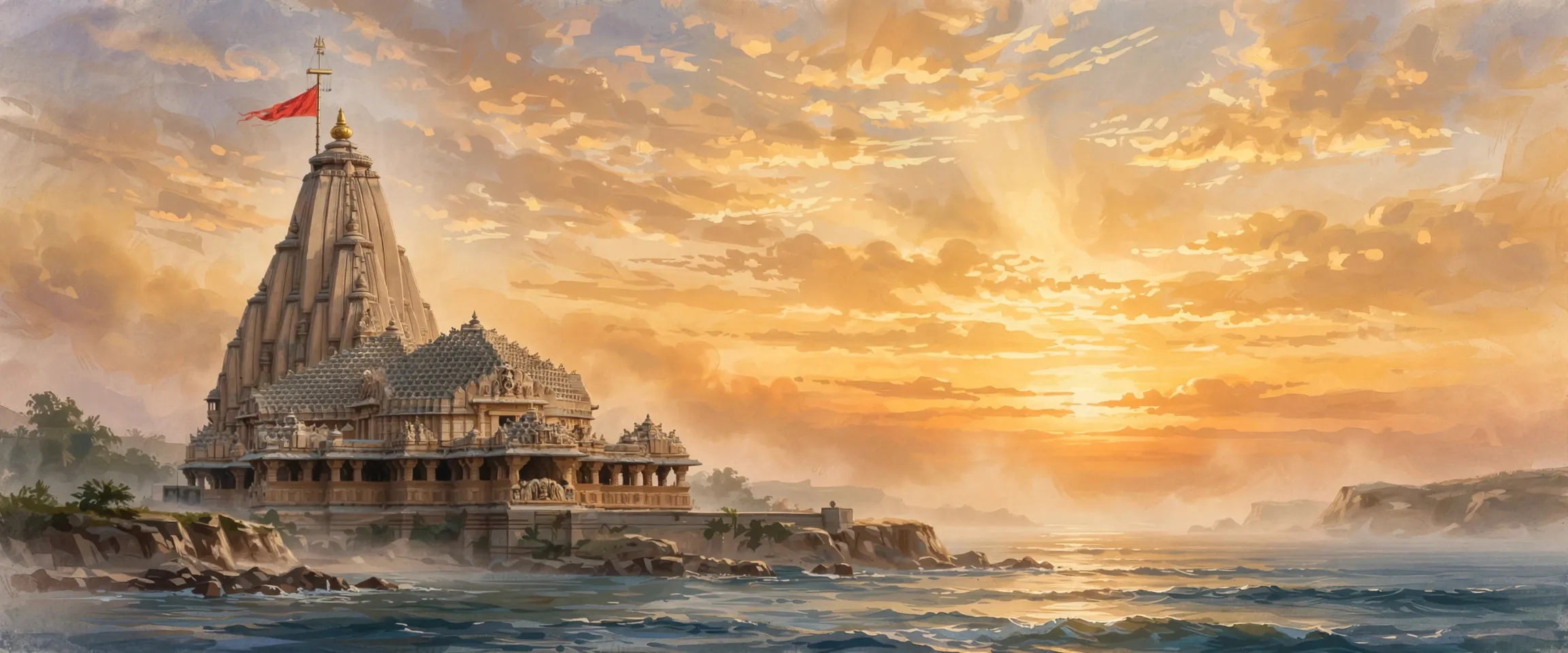 AI-generated editorial design for Jugti, incorporating original photograph of Somnath Temple, Gujarat by Nagarjun Kandukuru (CC BY 2.0)