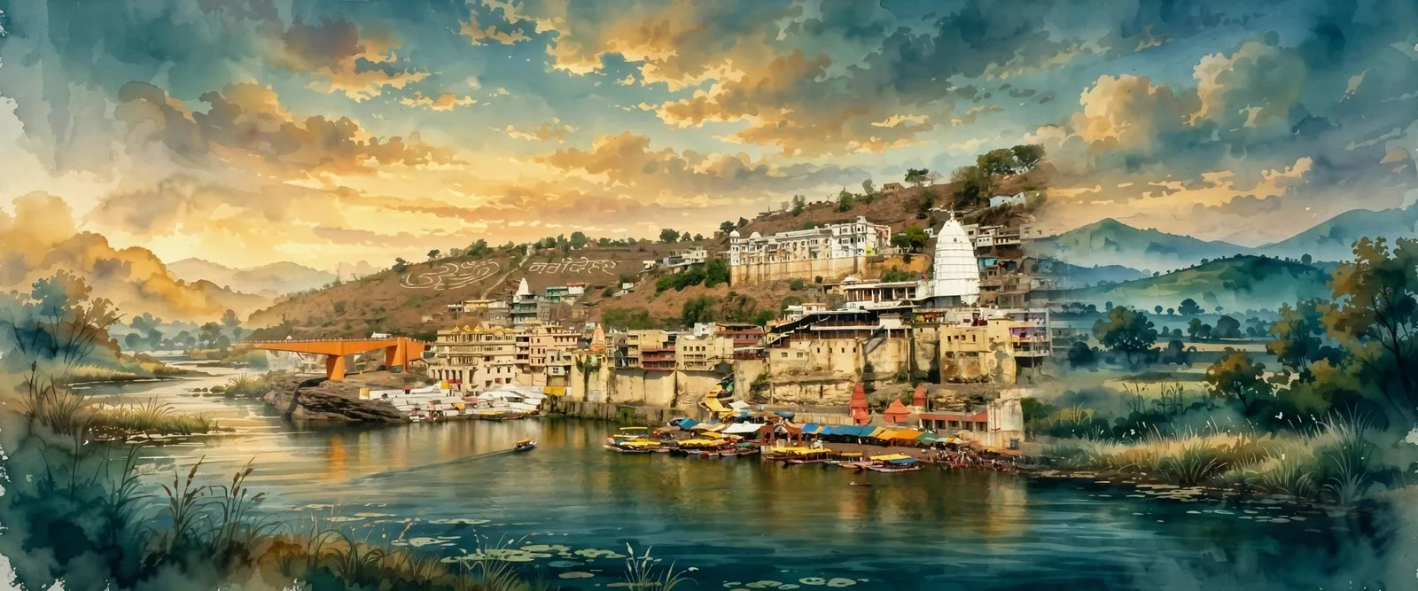 AI-generated editorial design for Jugti, incorporating original photograph of Omkareshwar Temple by YashiWong (CC BY-SA 3.0)