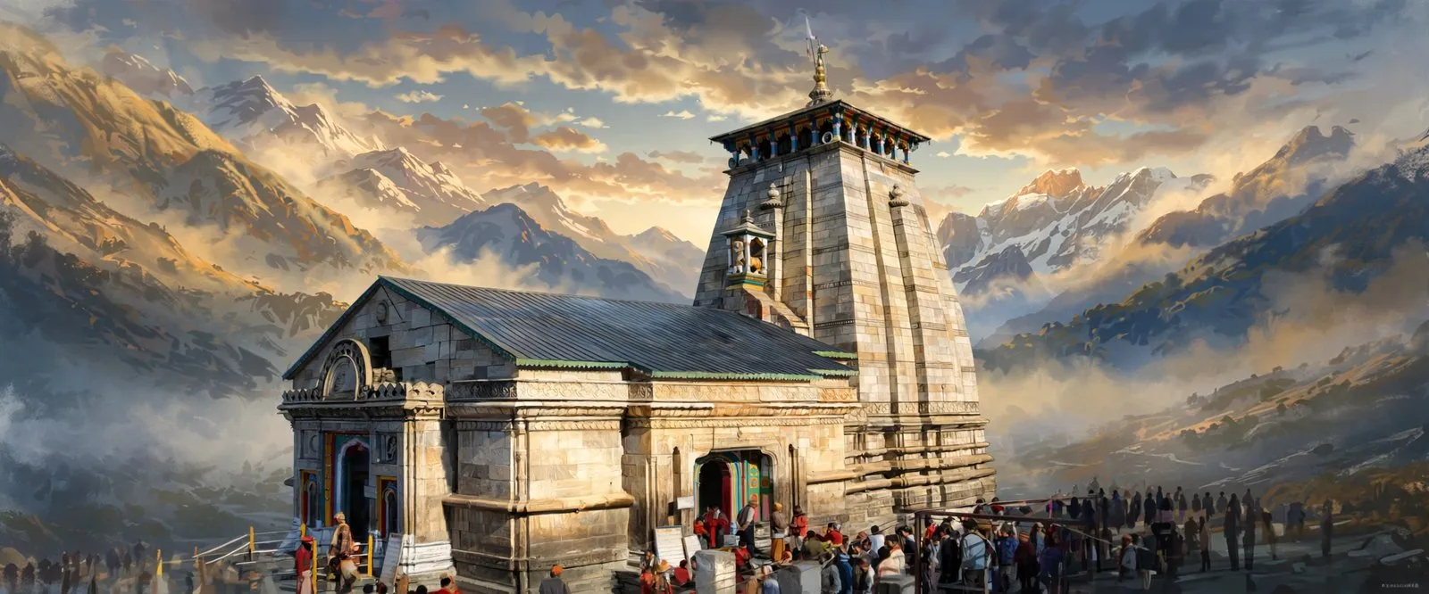 AI-generated editorial design for Jugti, incorporating original photograph of Kedarnath Temple by Shaq774 (public domain)
