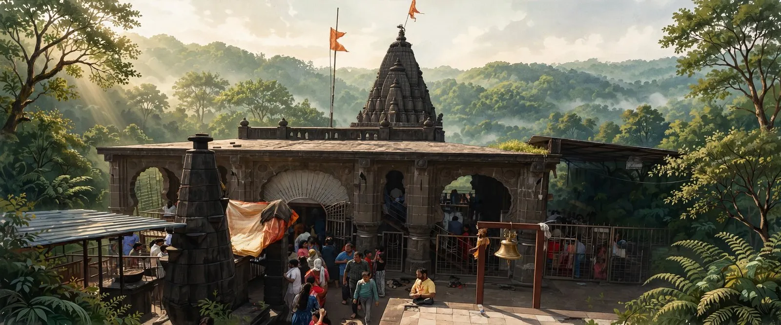 AI-generated editorial design for Jugti, incorporating original photograph of Bhimashankar Temple by Mechatron00 (CC BY-SA 4.0)