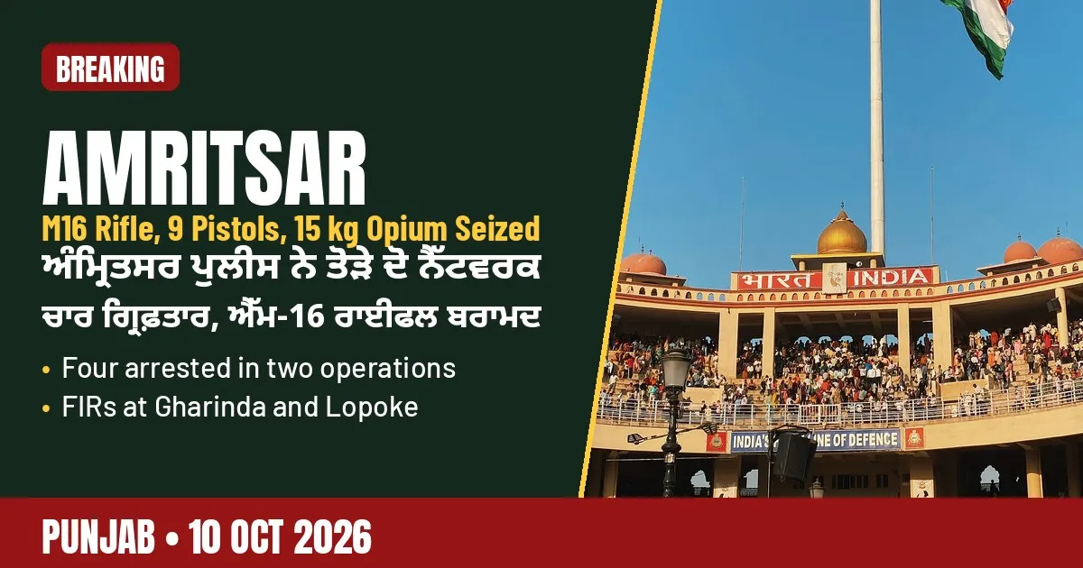 Breaking-news poster: Amritsar police bust two arms and narcotics networks