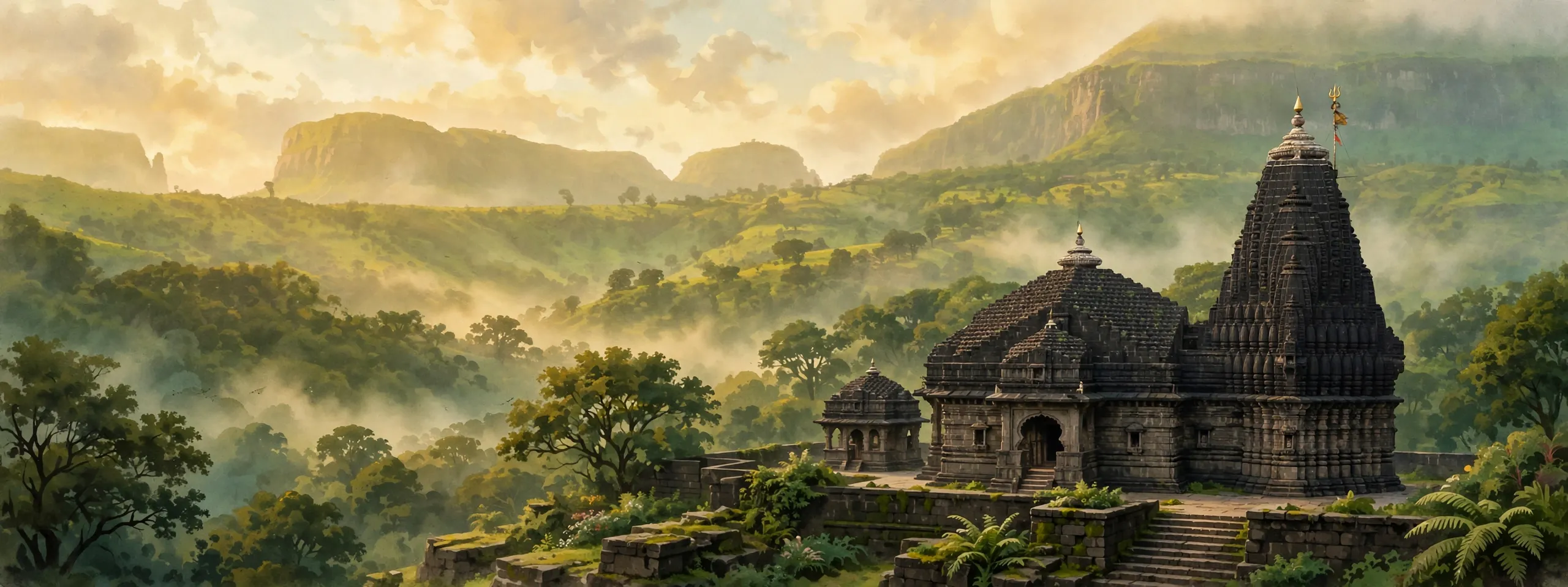 AI-generated editorial design for Jugti, incorporating original photograph of Trimbakeshwar Temple by Prashant Kharote (CC BY-SA 4.0)