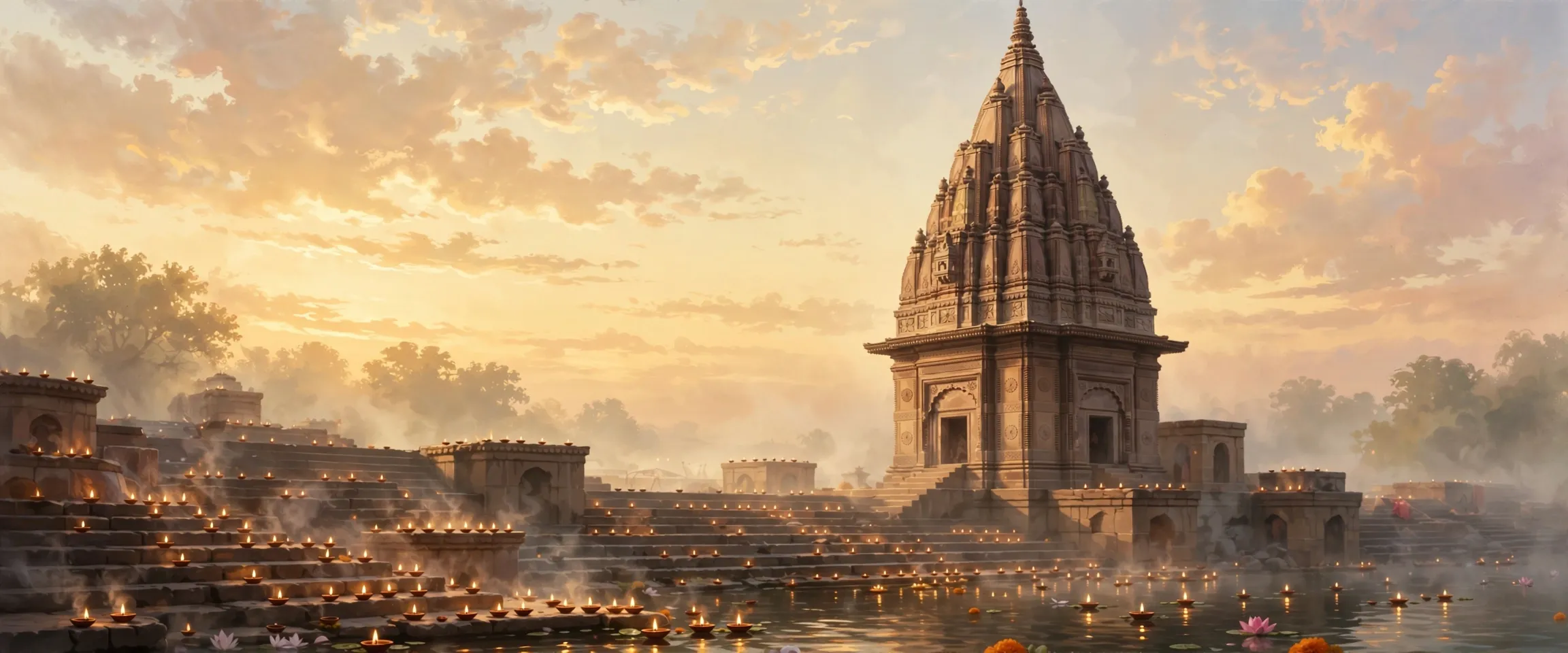 AI-generated editorial design for Jugti, incorporating original photograph of Kashi Vishwanath Temple by Gannu03 (CC BY-SA 4.0)