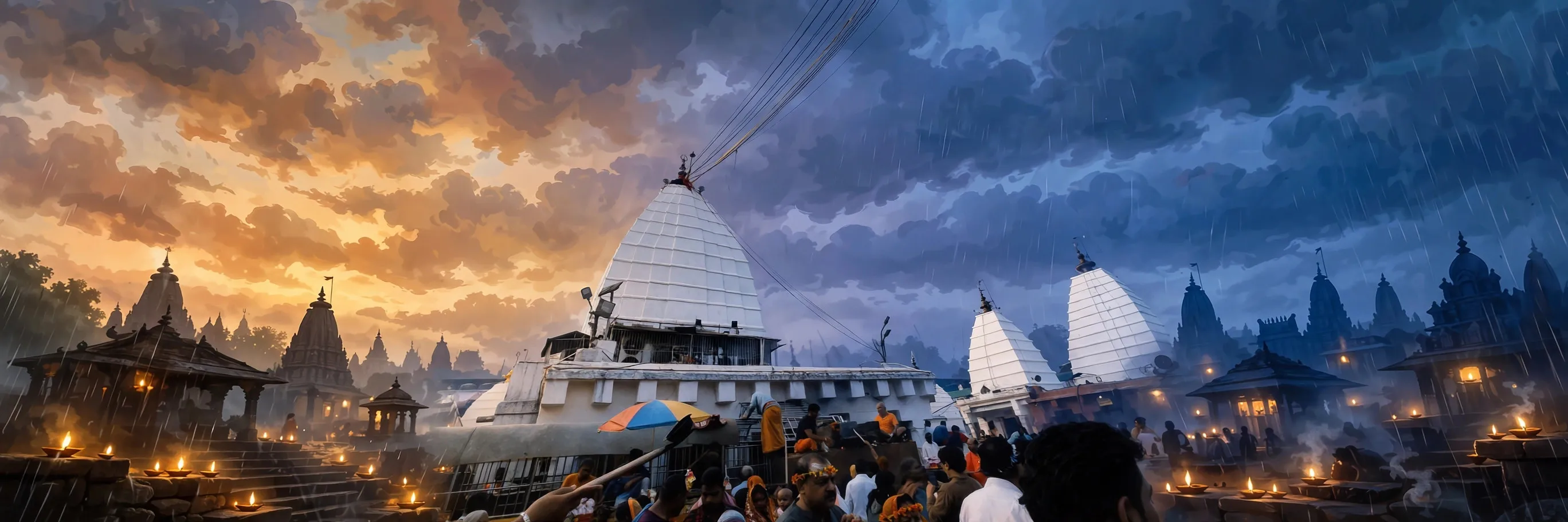 AI-generated editorial design for Jugti, incorporating original photograph of Baba Baidyanath Temple, Deoghar by Flashthomsom (CC BY-SA 4.0)